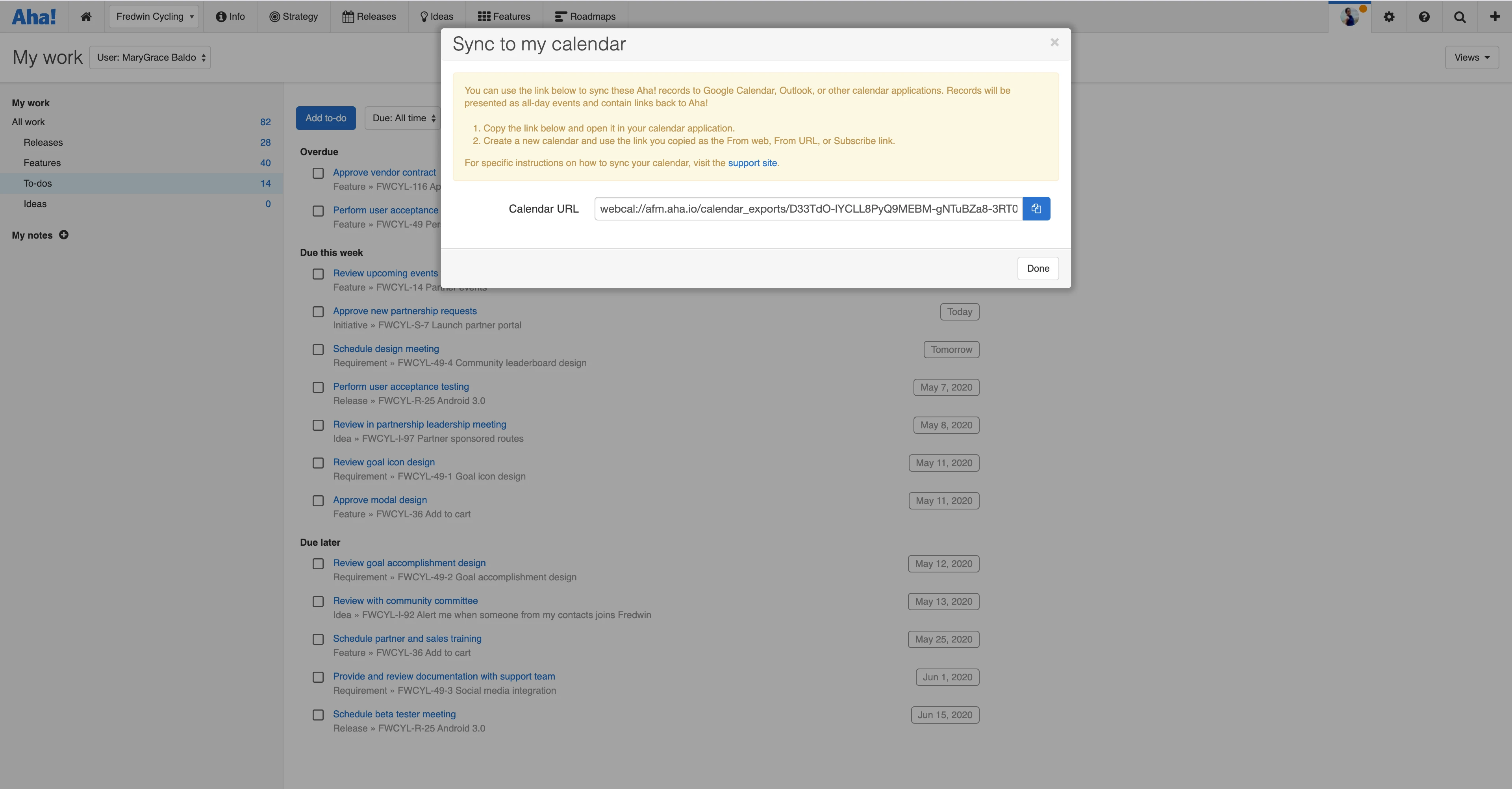 Generate a calendar URL for saved calendar reports and to-dos.