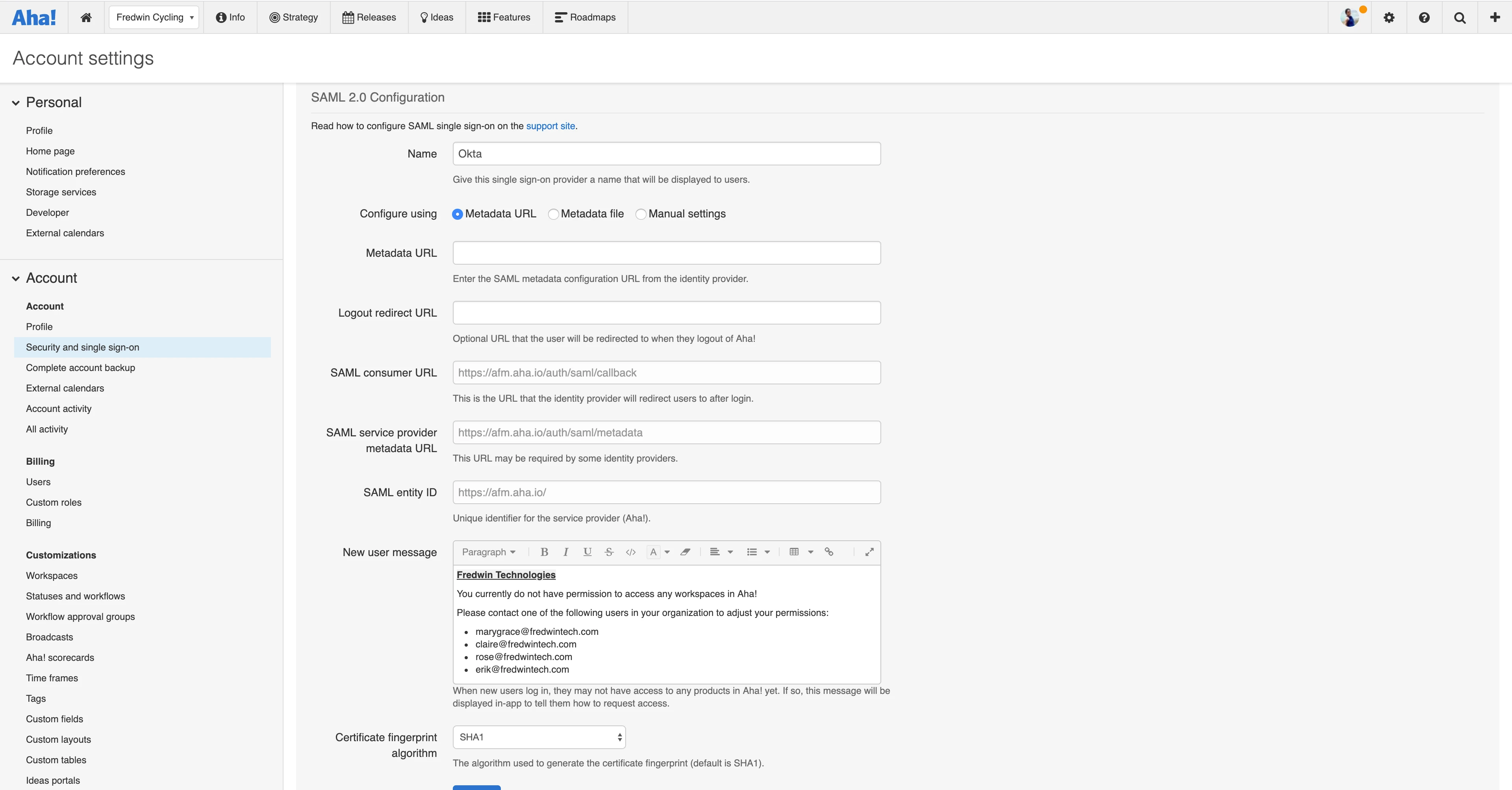 Configure single sign-on with Okta in your Aha! account settings.