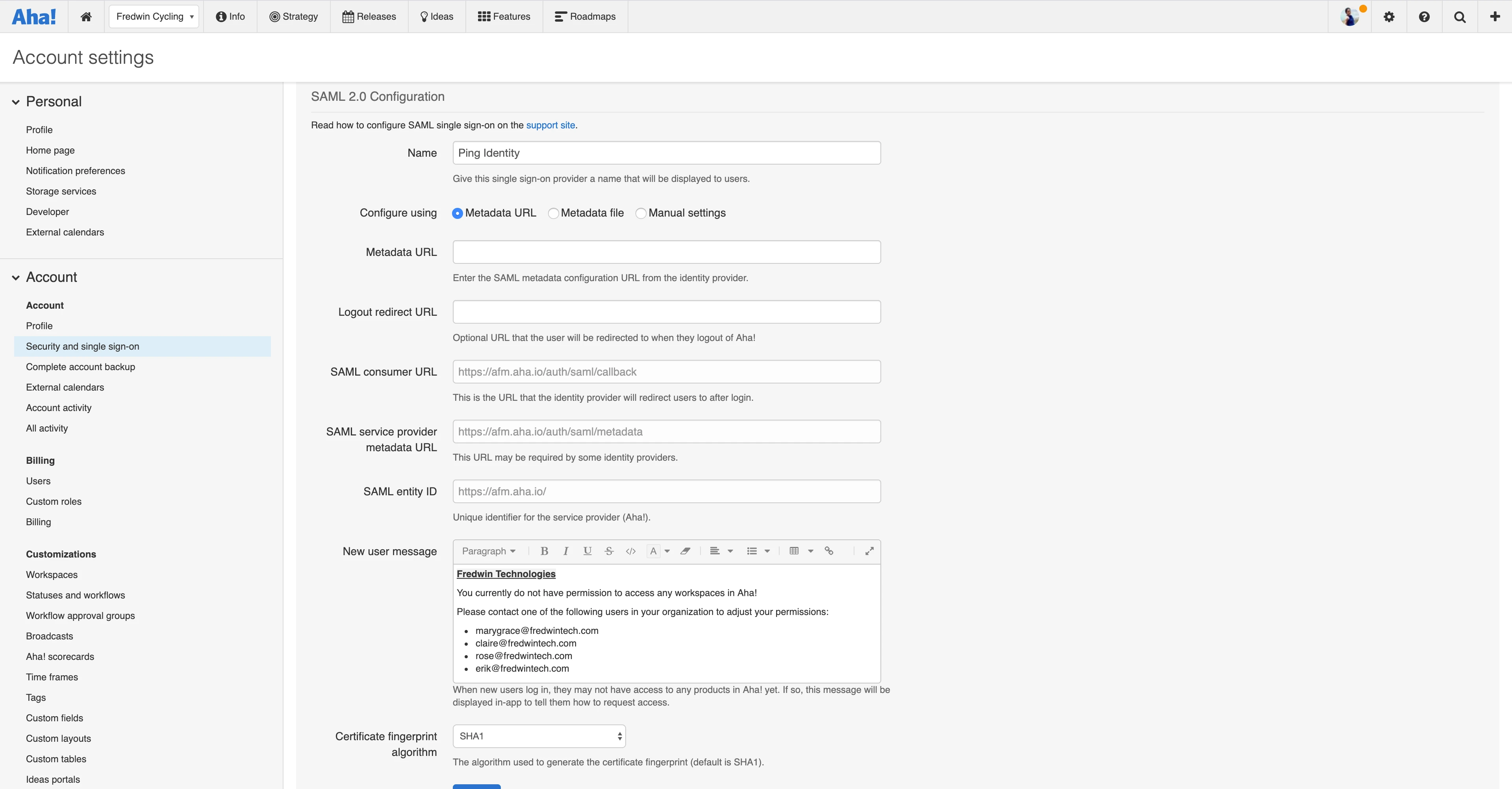 Configure single sign-on with Ping Identity in your Aha! account settings.