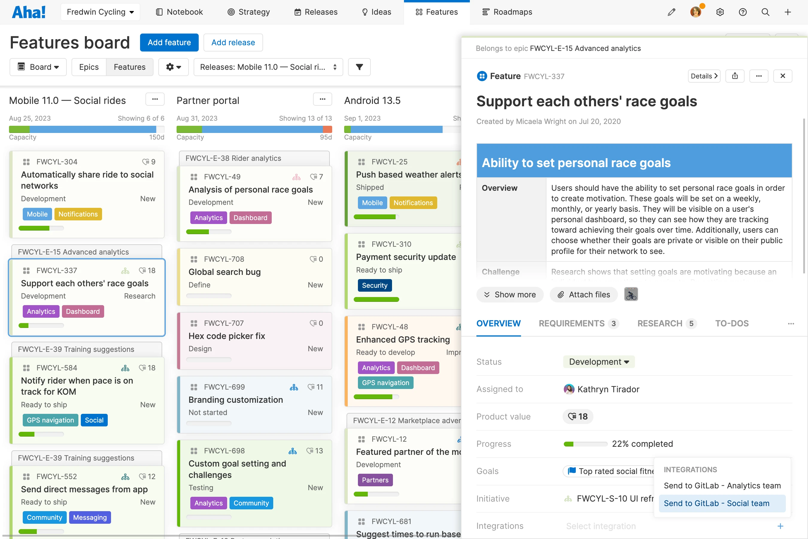 Send features from Aha! to GitLab individually or in bulk.