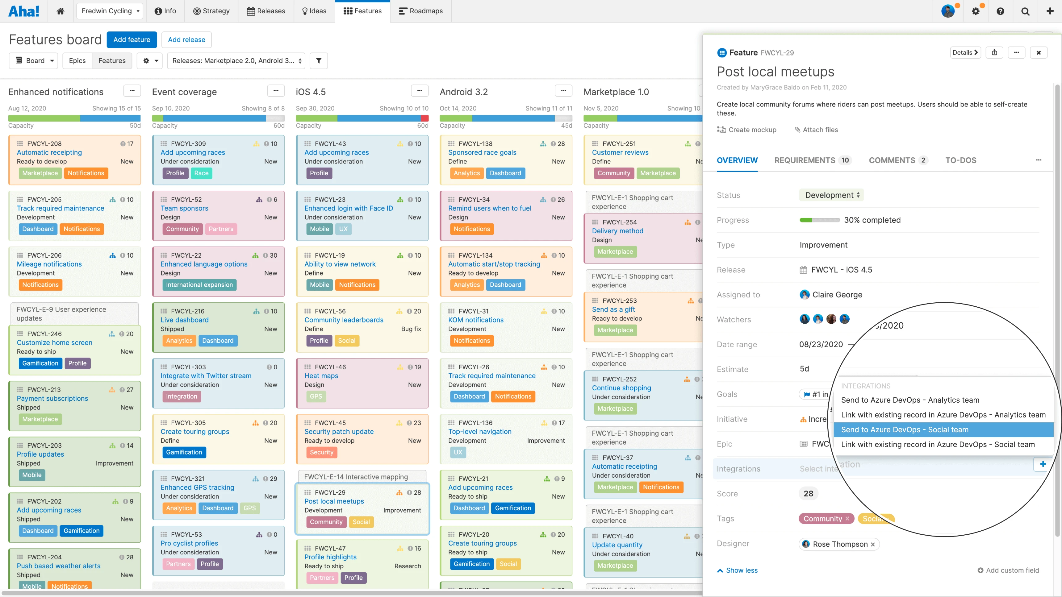 Send features from Aha! to Azure DevOps individually or in bulk.