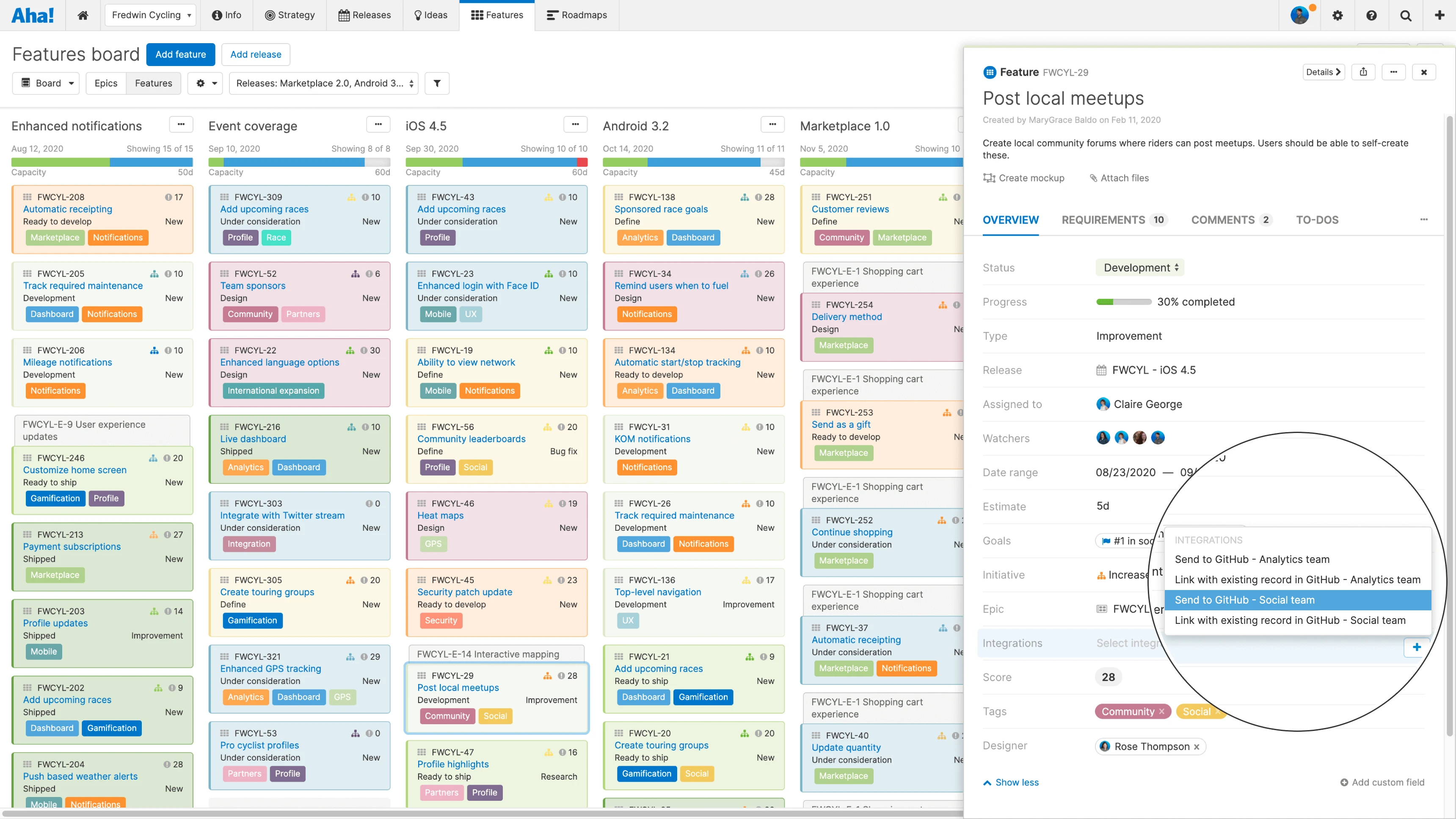 Send features from Aha! to GitHub individually or in bulk.