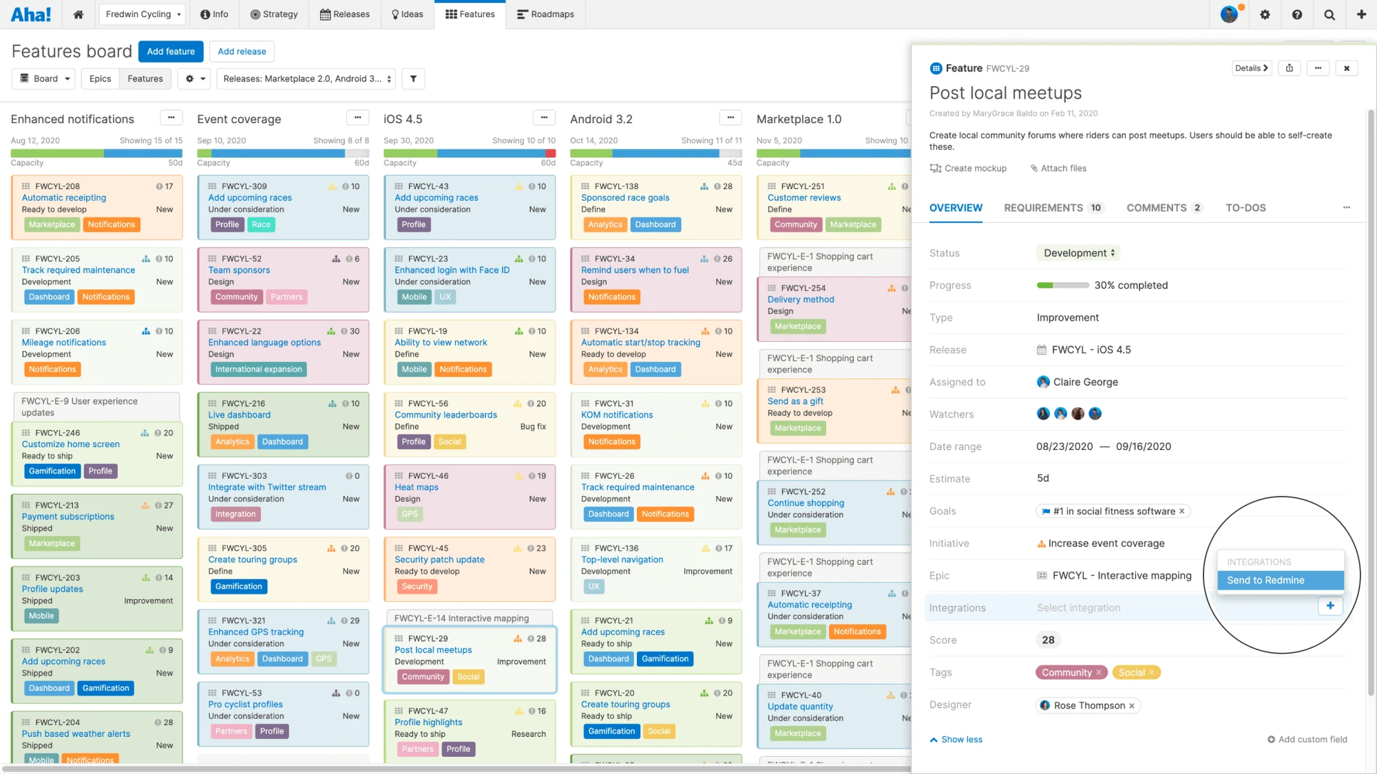 Send features from Aha! to Redmine individually or in bulk.