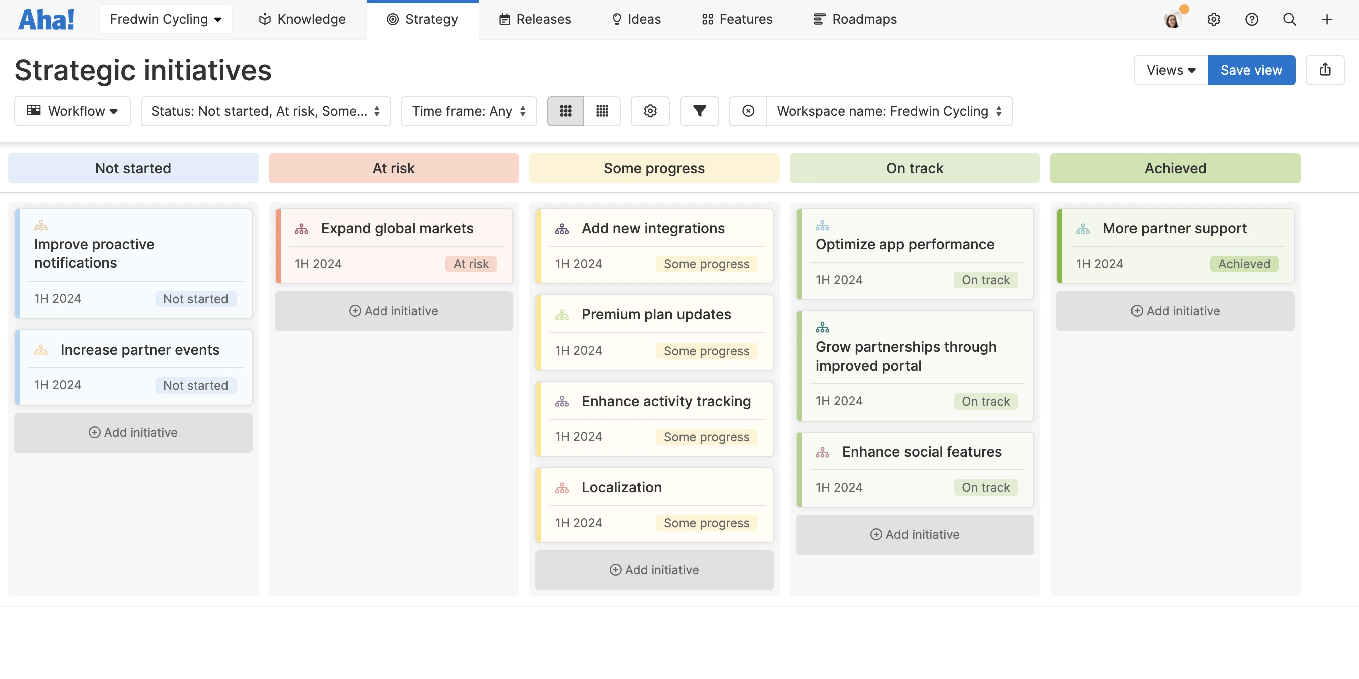 Strategic initiatives in Aha! Roadmaps with visible status columns