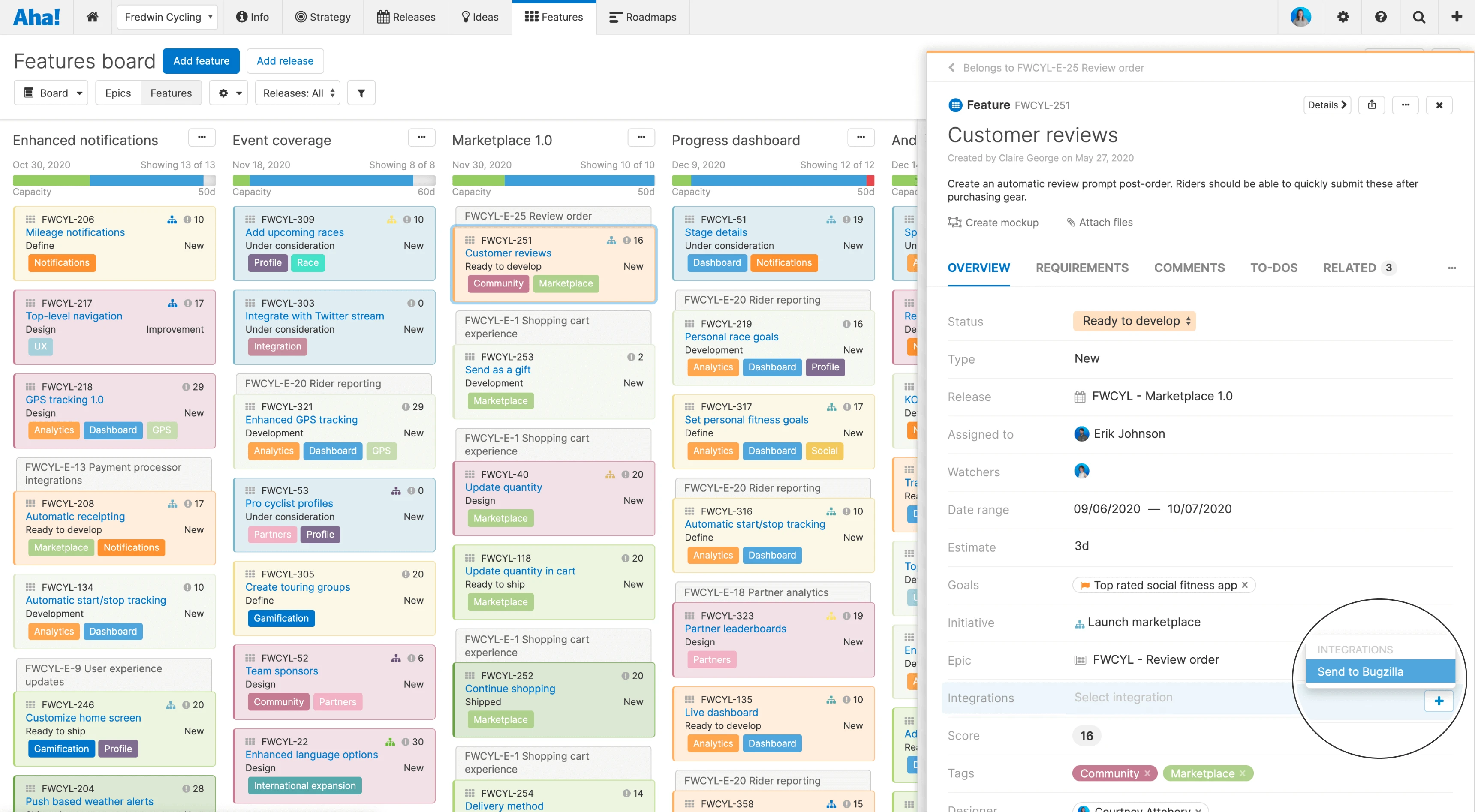 Send features from Aha! to Bugzilla individually or in bulk.