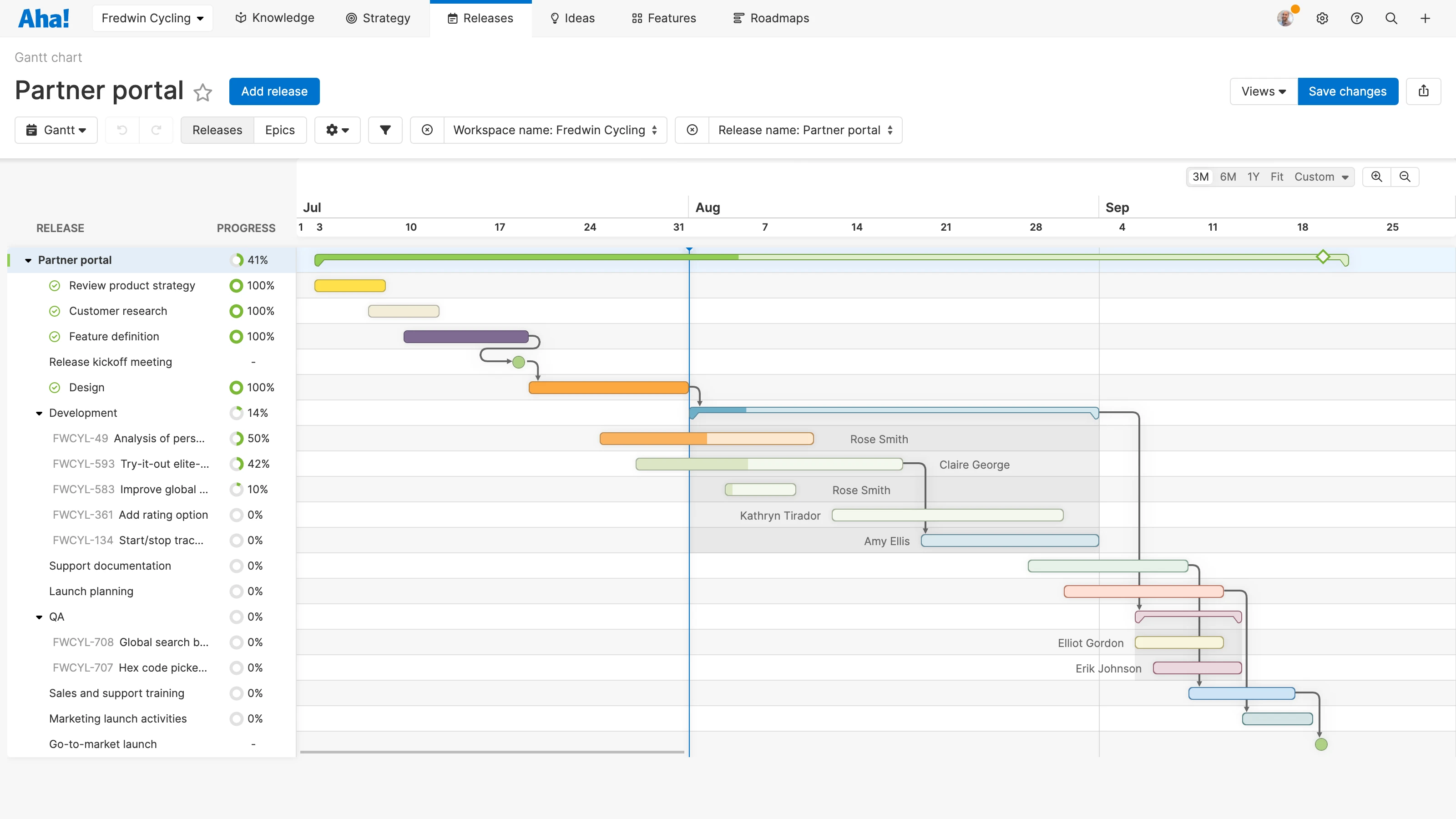 A Gantt chart in Aha! Roadmaps with a release, phases, milestones, and features.