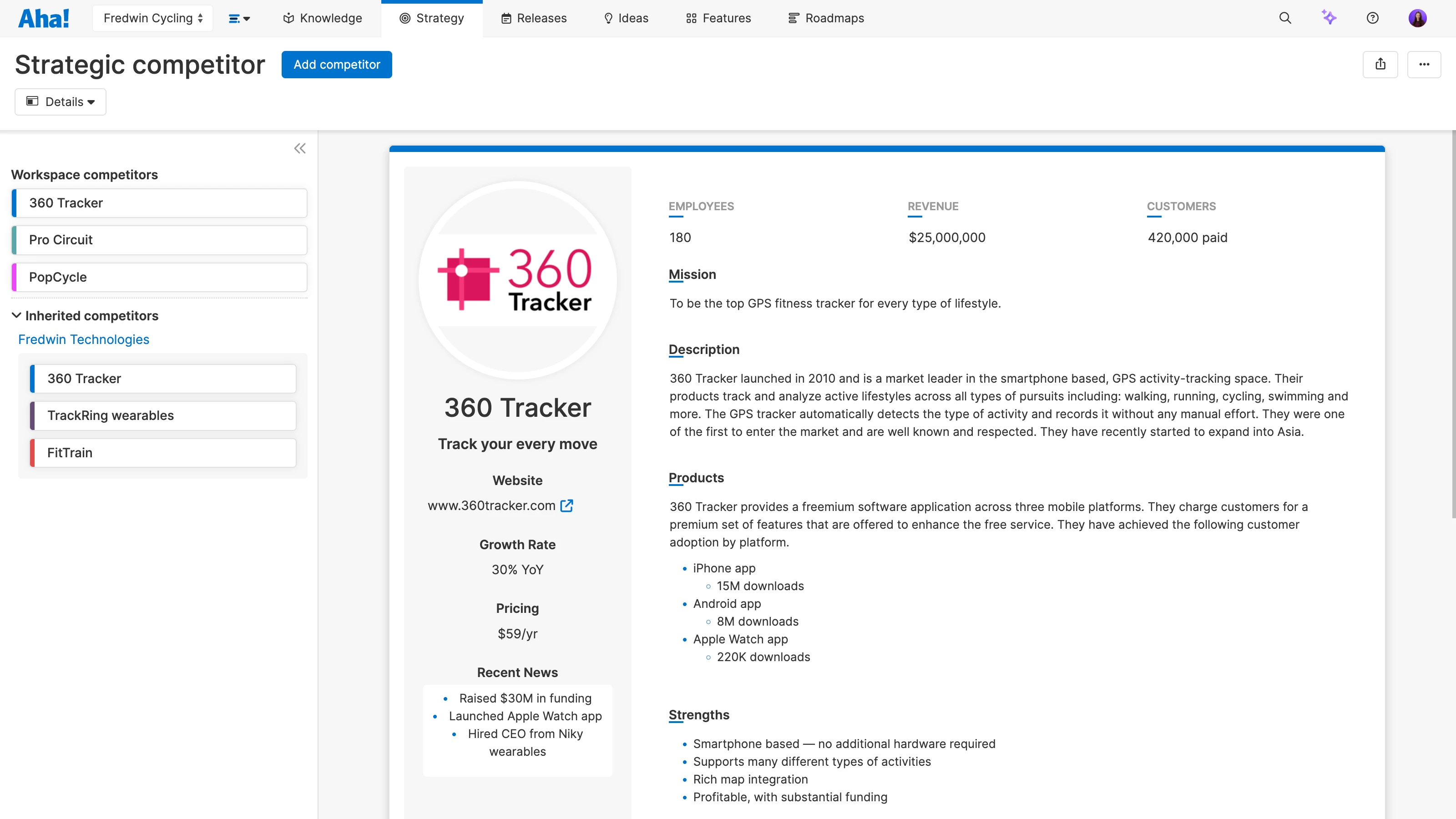 Competitor profiles in Aha!