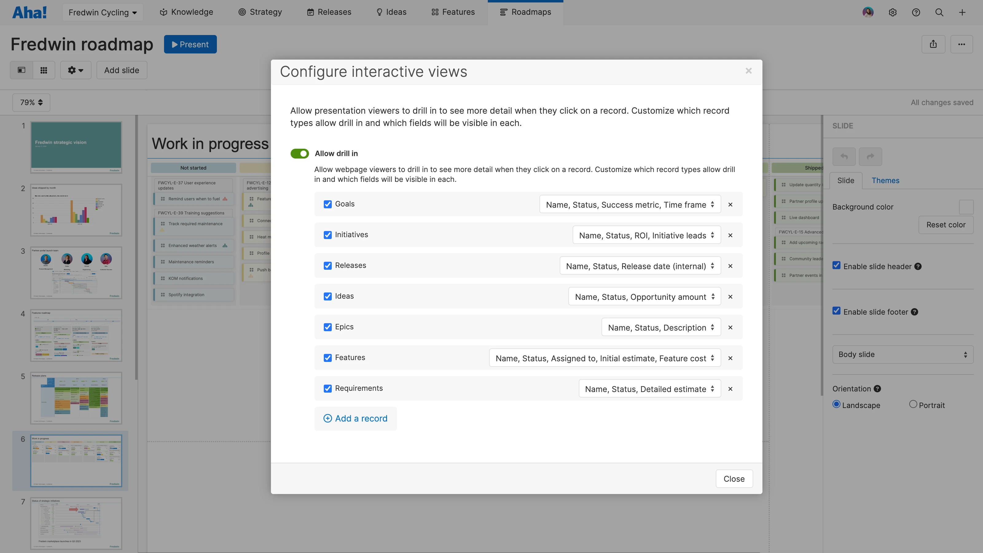 Enable record previews when you share Aha! views in a presentation