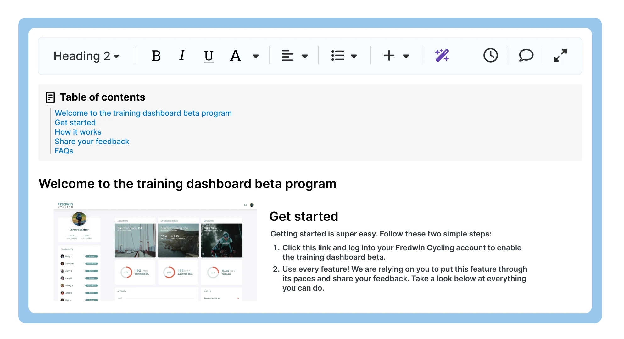 An image of the collaborative text editor in Aha! product documentation software