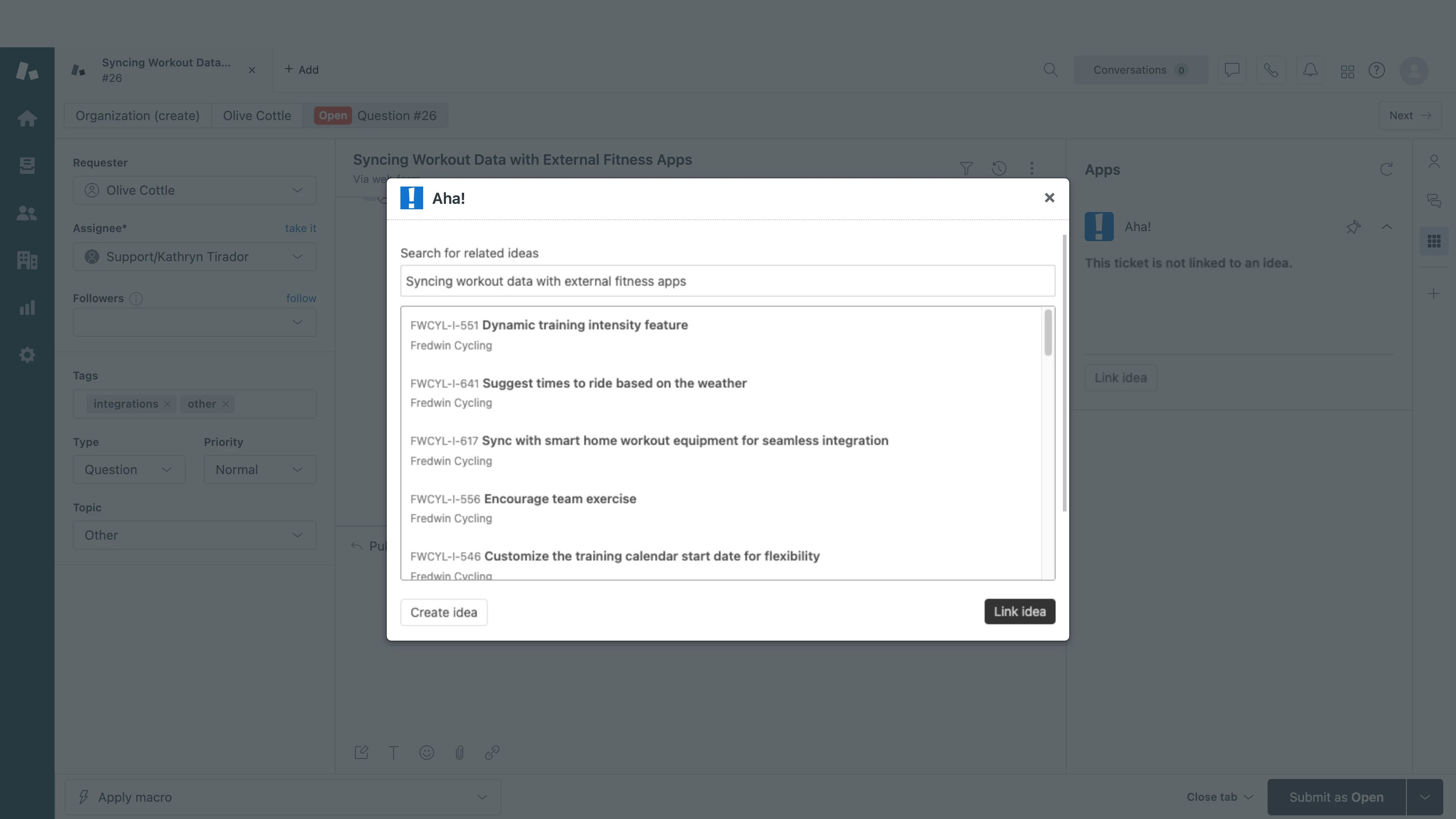 Support agents can search your ideas portal directly from Zendesk to see if an idea already exists or create a new one. 