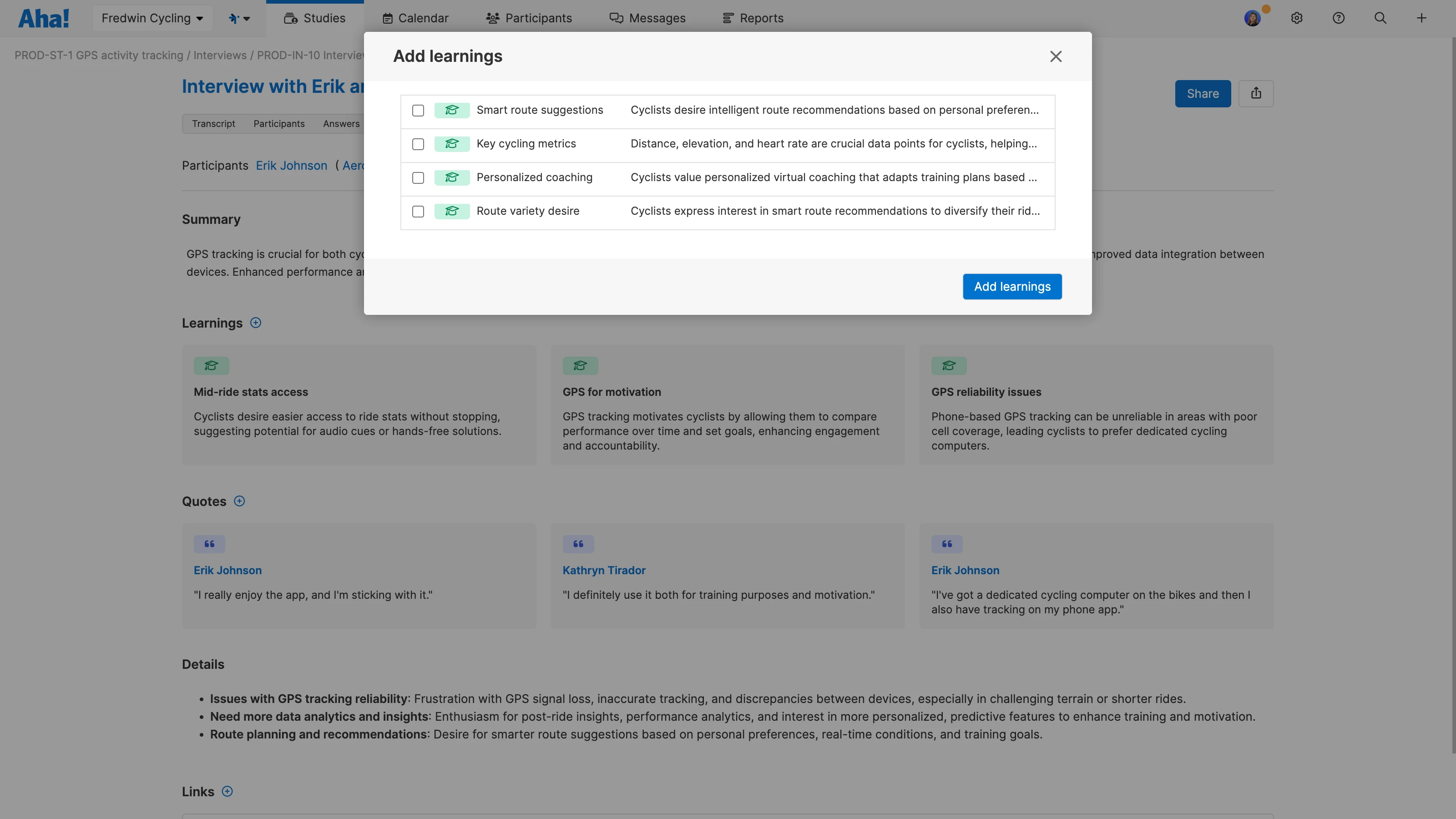 Insight report with a summary, learnings, quotes, and links in Aha! Discovery