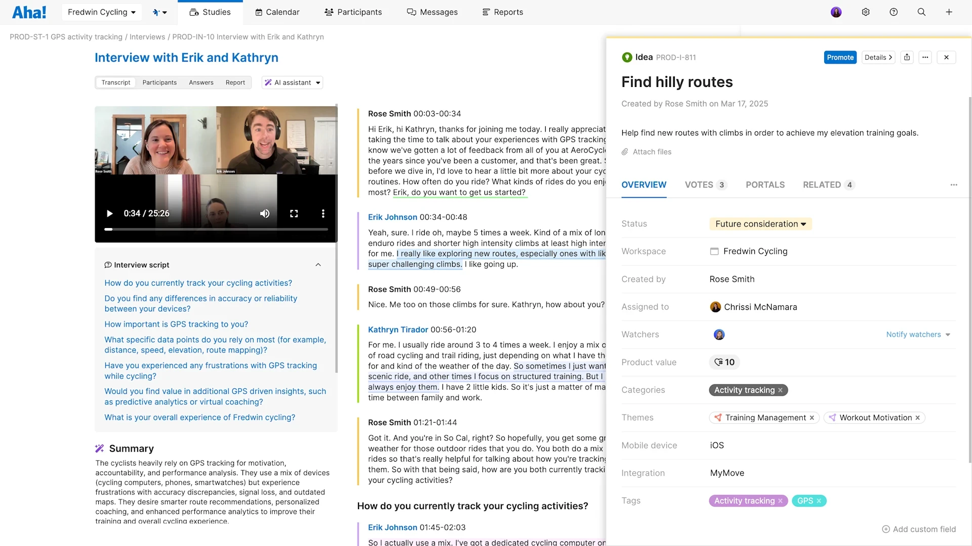 Create an idea record in Aha! Roadmaps directly from a customer interview in Aha! Discovery