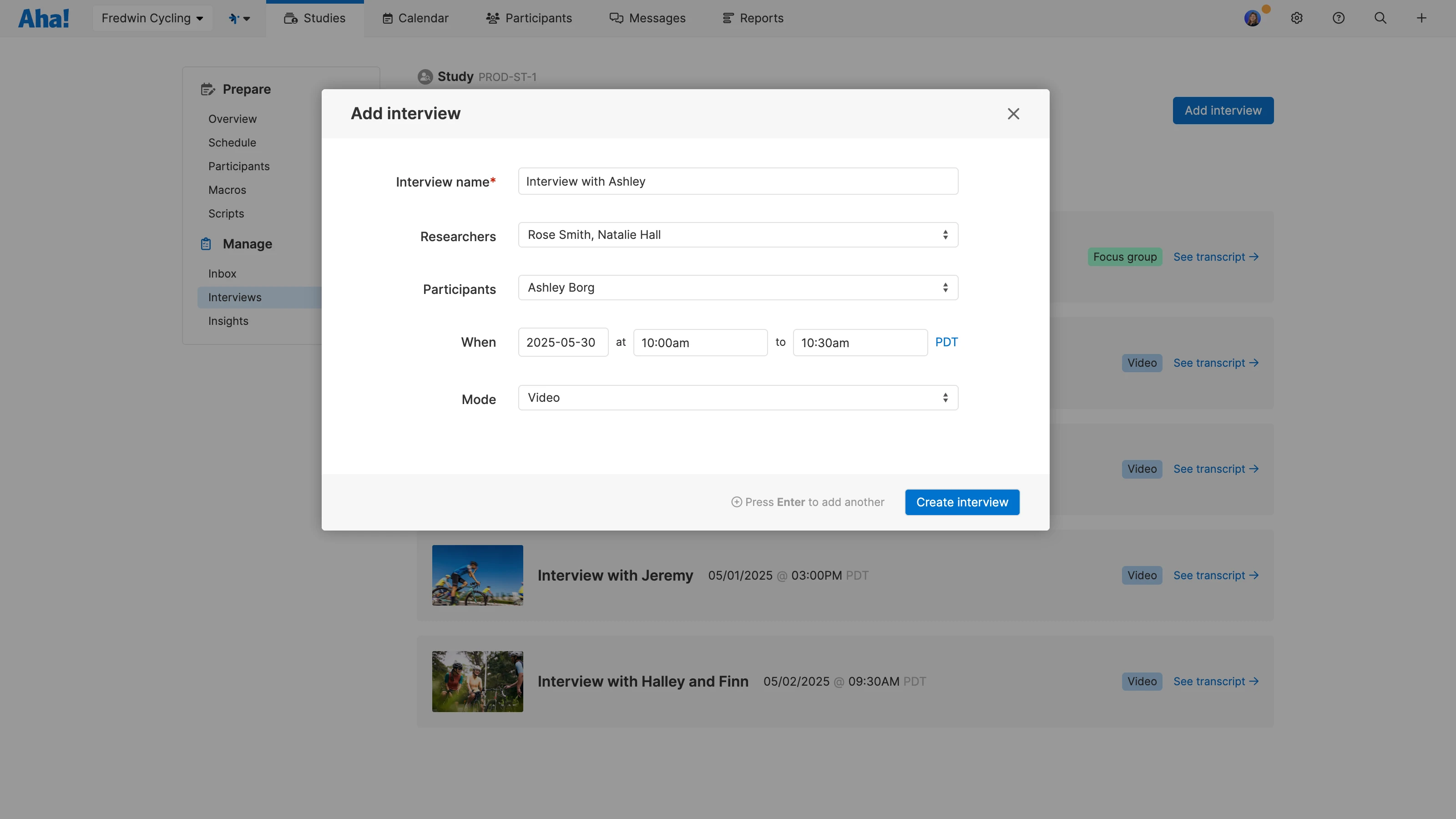 Manage user interviews