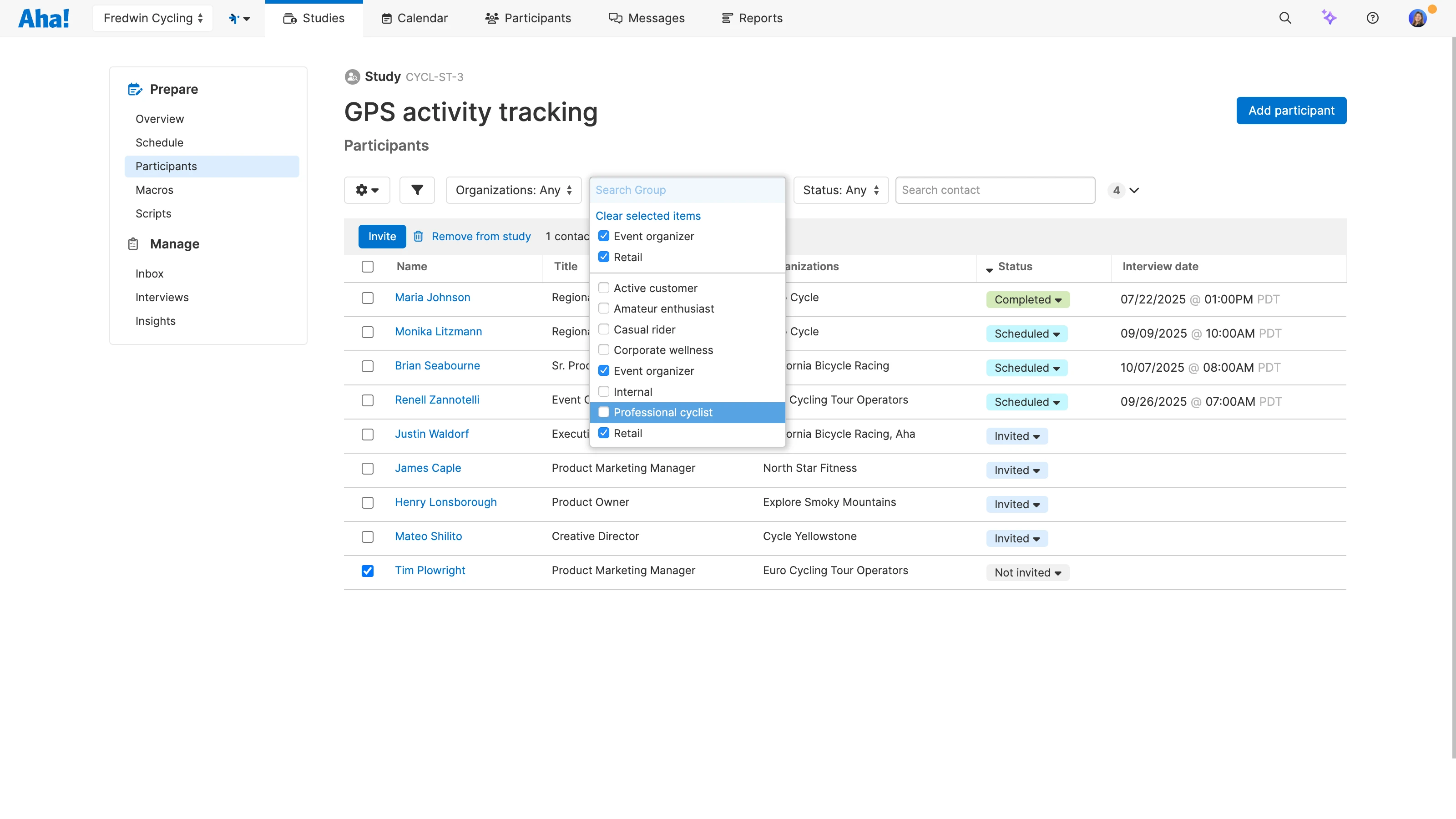 Inviting participants to a study in Aha! Discovery