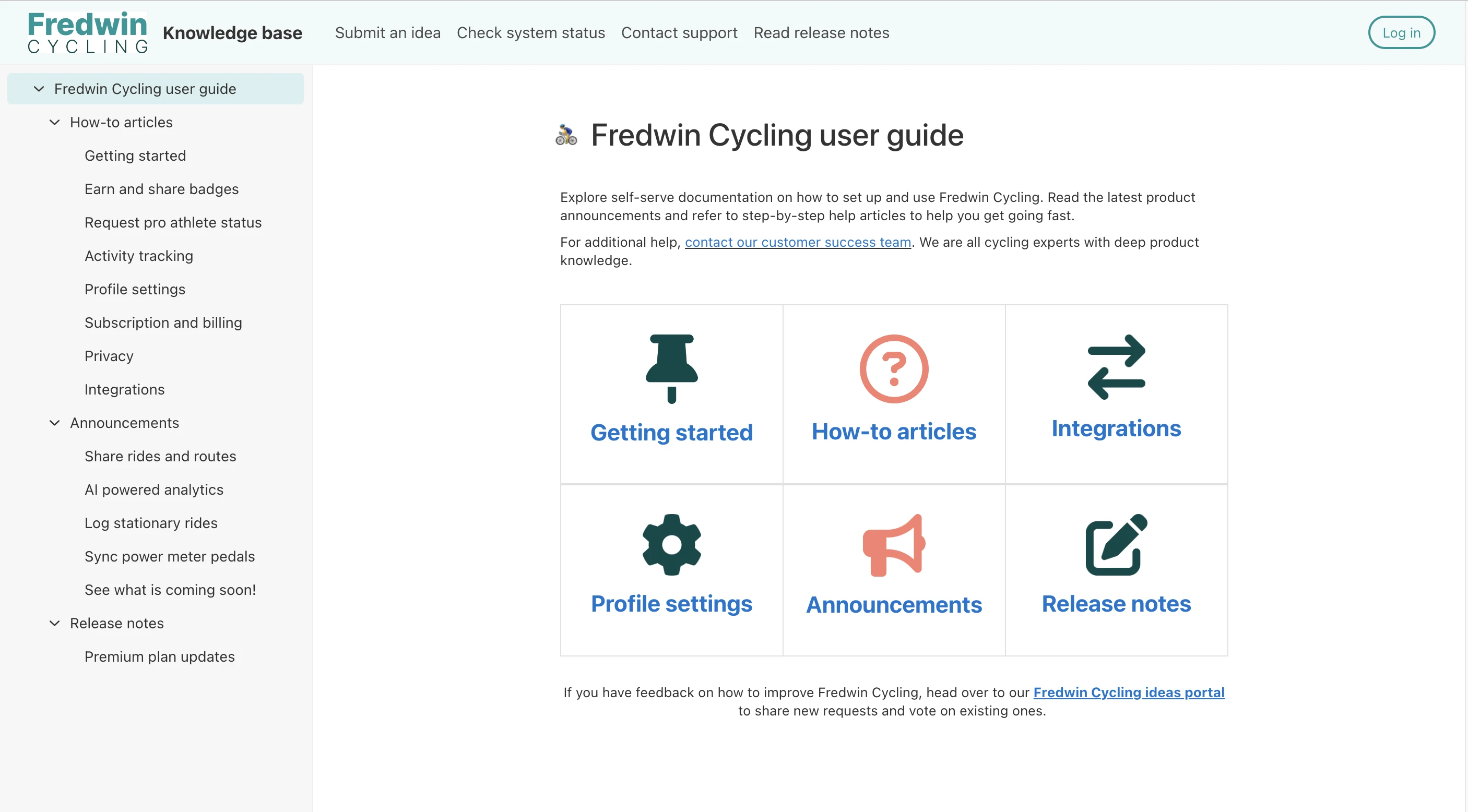 This is an example of a knowledge base created on Aha! software. It includes content that can help get users started with Fredwin Cycling: a fictitious workout-tracking app.