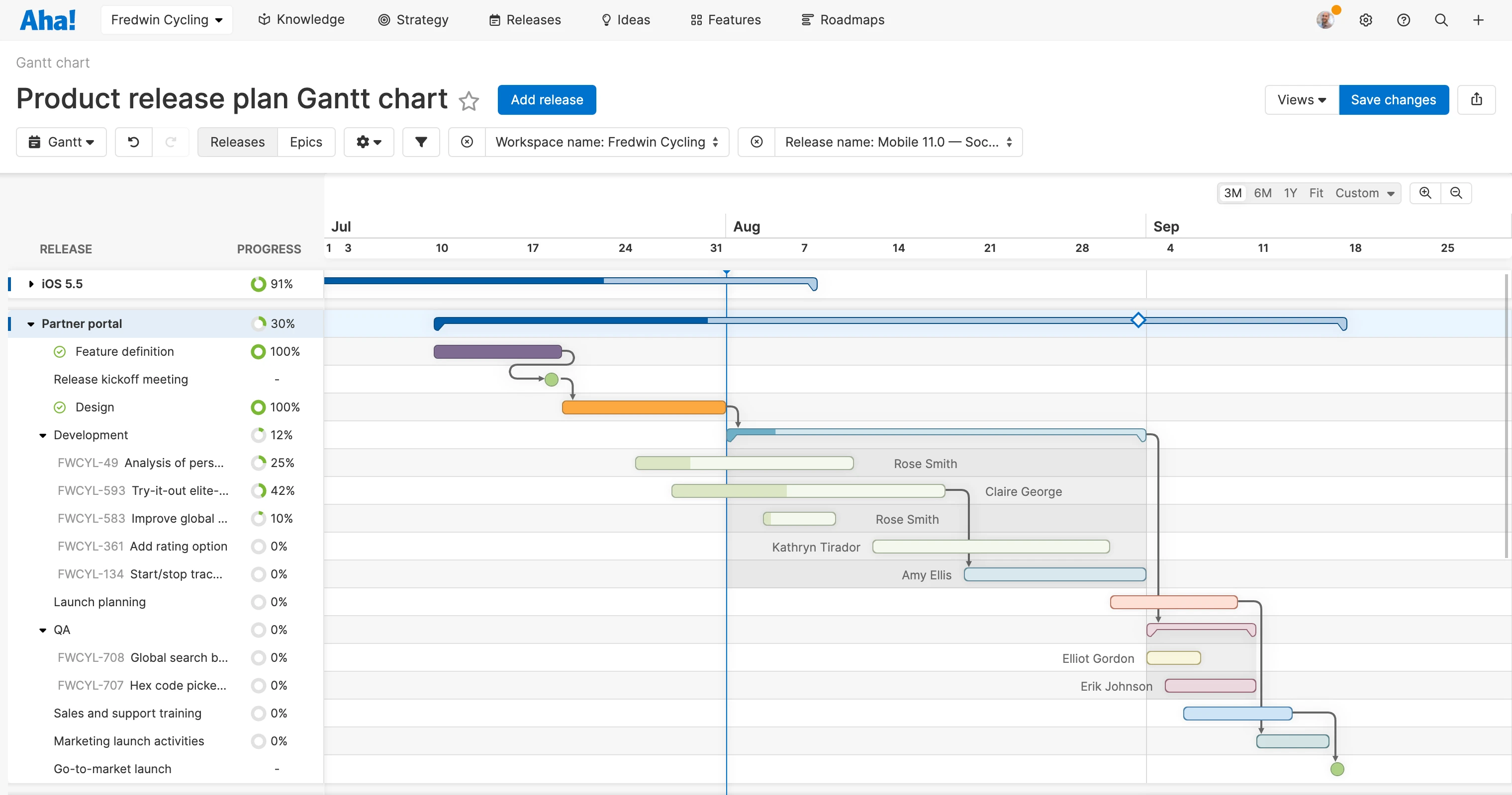 Dependencies on Gantt chart in Aha! Roadmaps