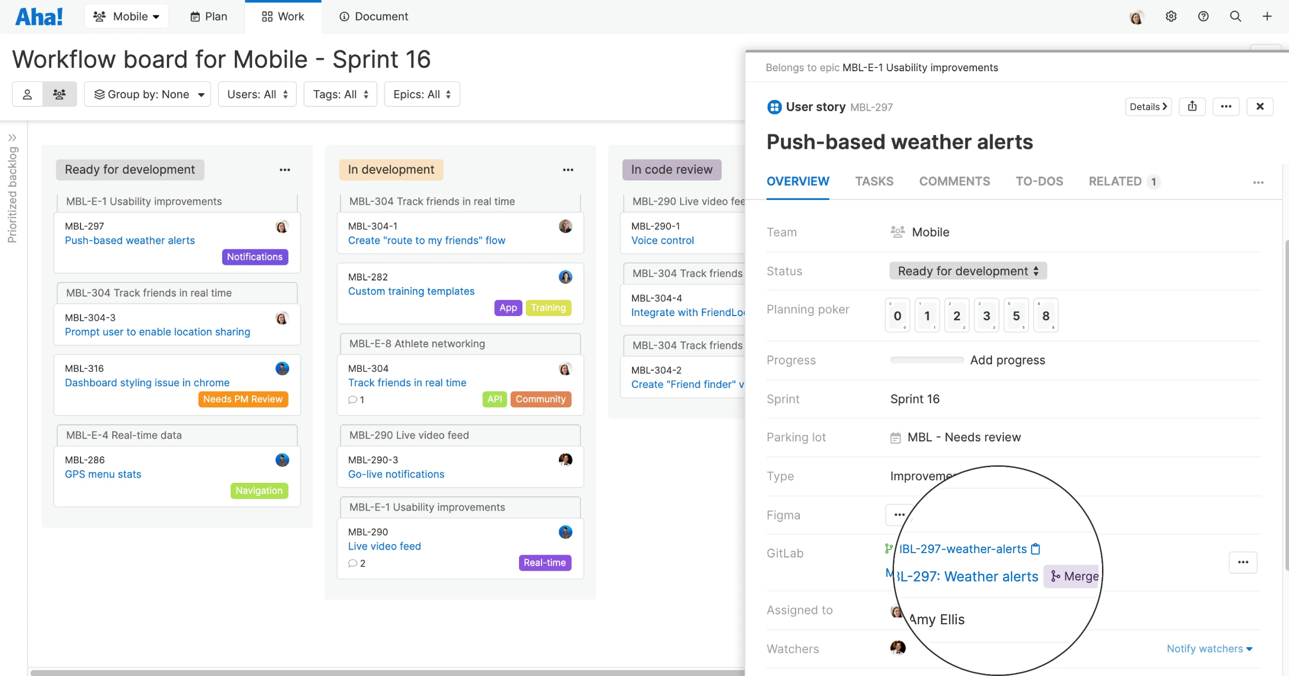 View the status of your GitLab merge requests right on the user story card in Aha! Develop