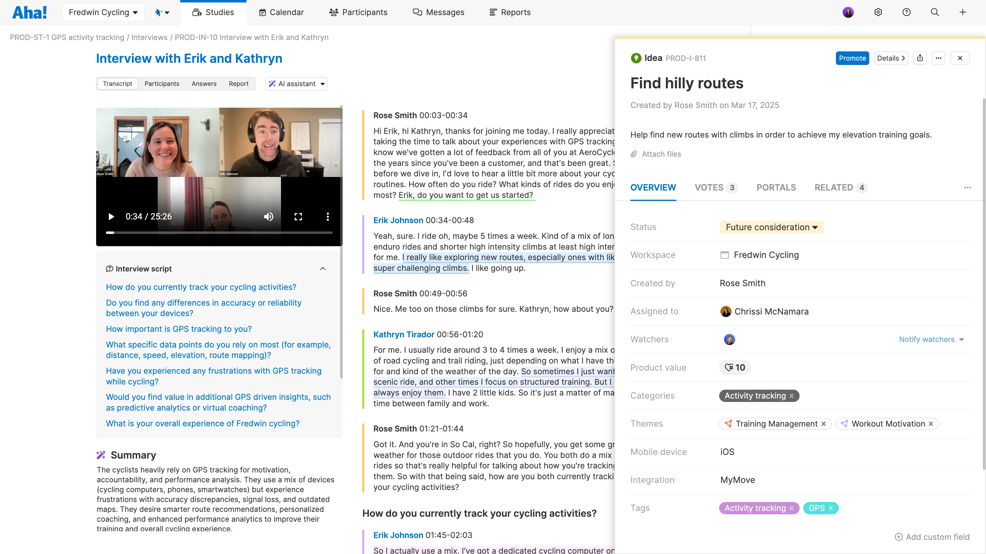 An interview in Aha! Discovery with a customer transcript and open idea drawer