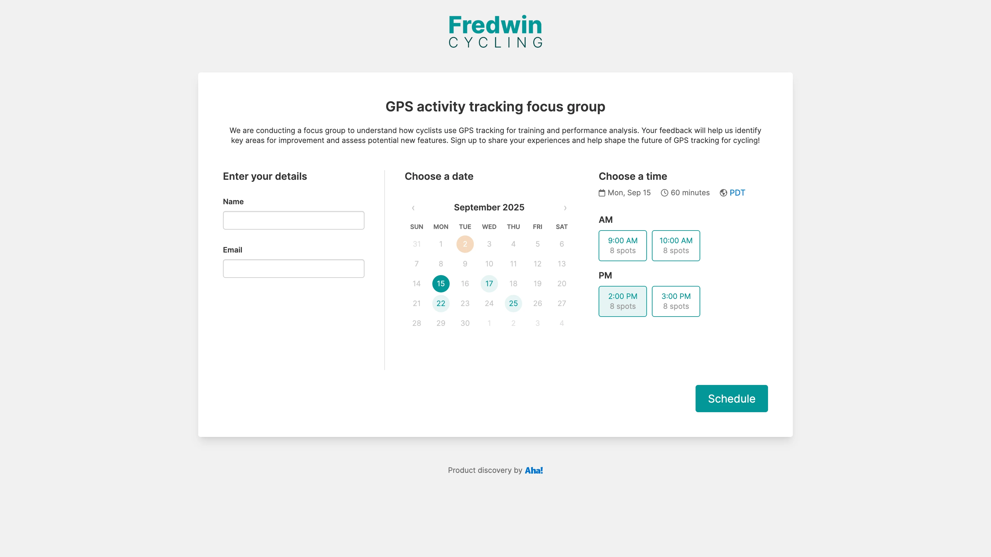 Aha! Discovery focus group scheduling page
