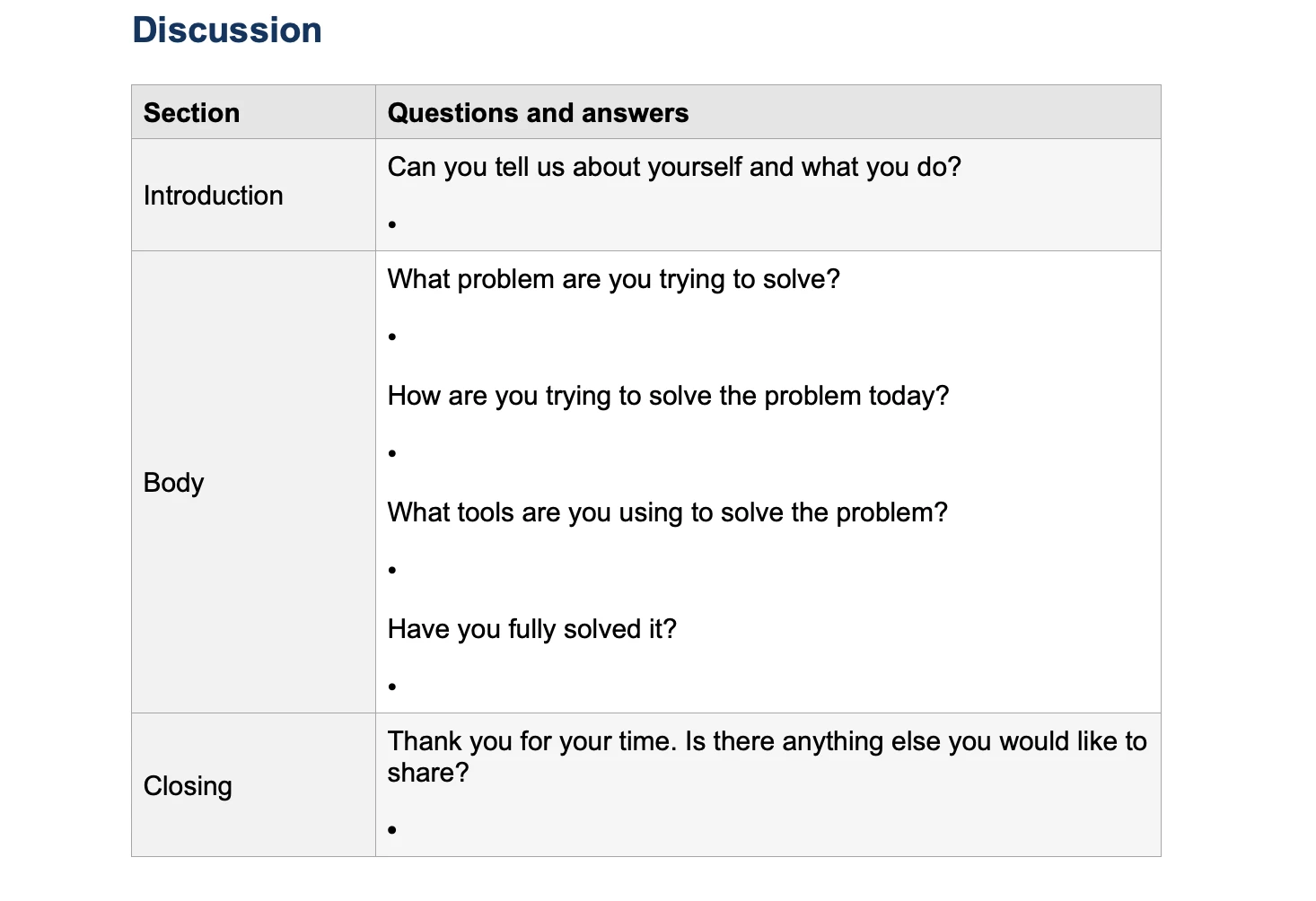 Customer interview notes template