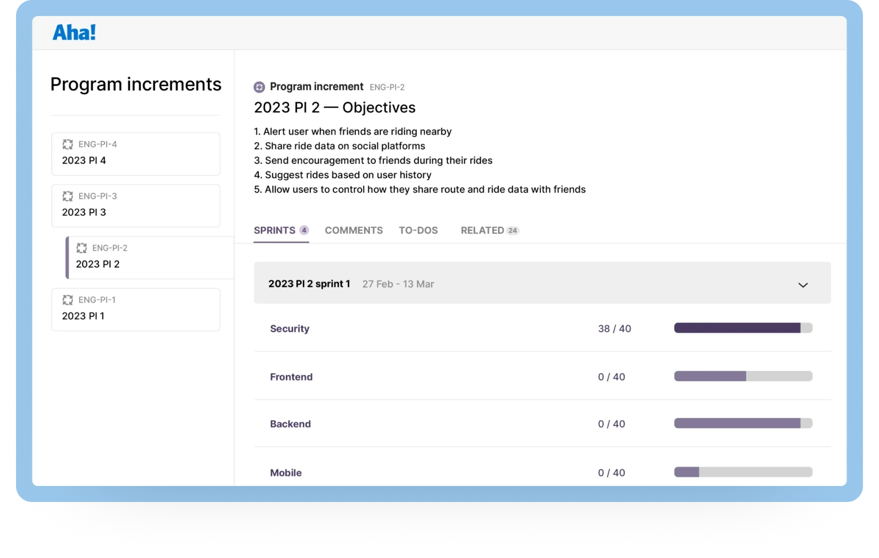 An image of PI planning in Aha! agile development software so you can implement SAFef