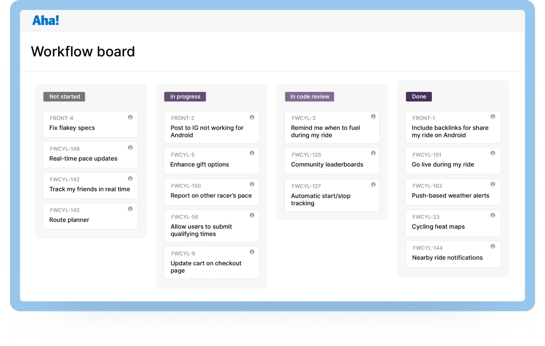 An image of a kanban board in Aha! agile development software to streamline your workflow