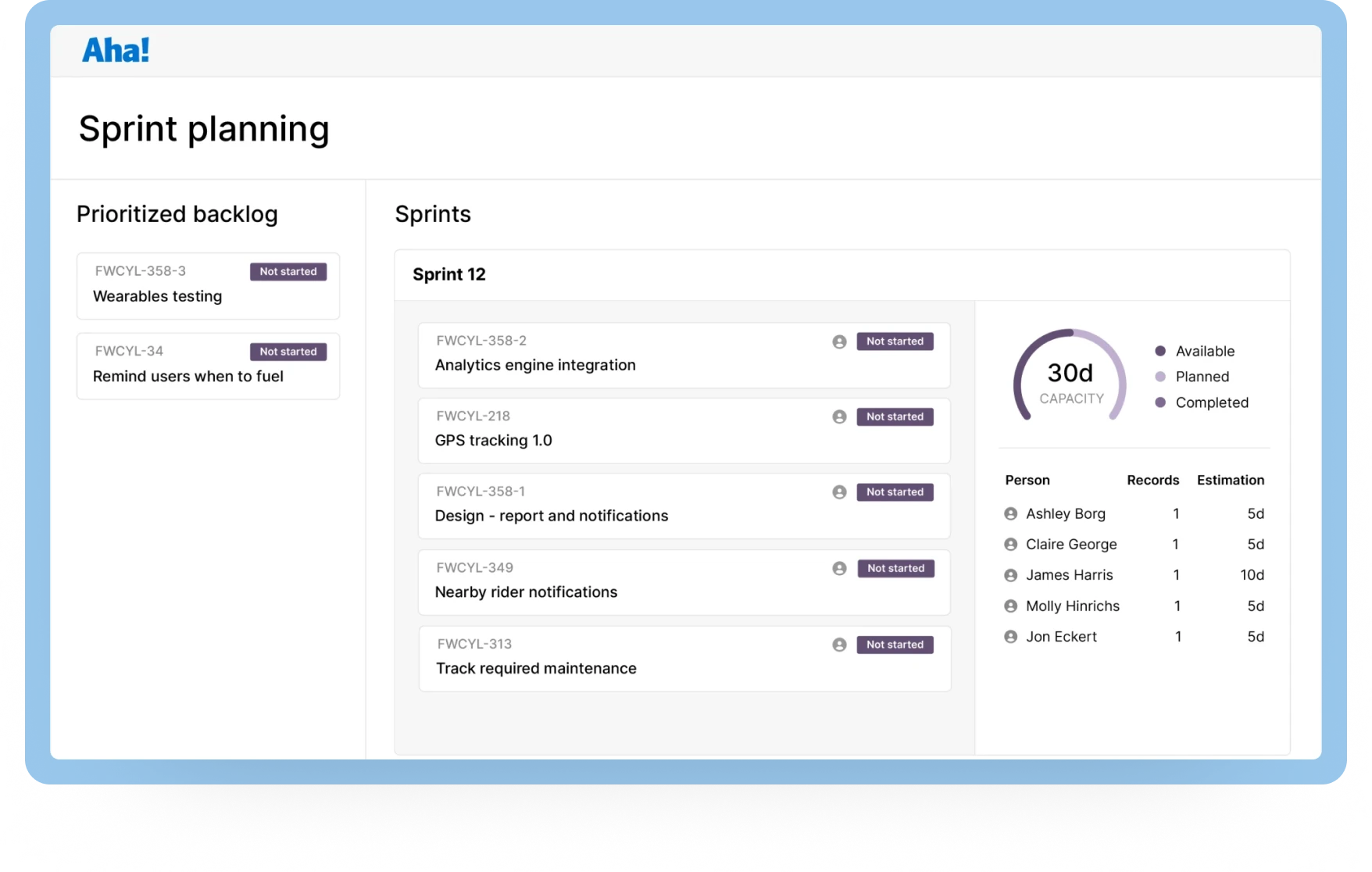 An image of sprint planning in Aha! agile development software where you can set achievable plans