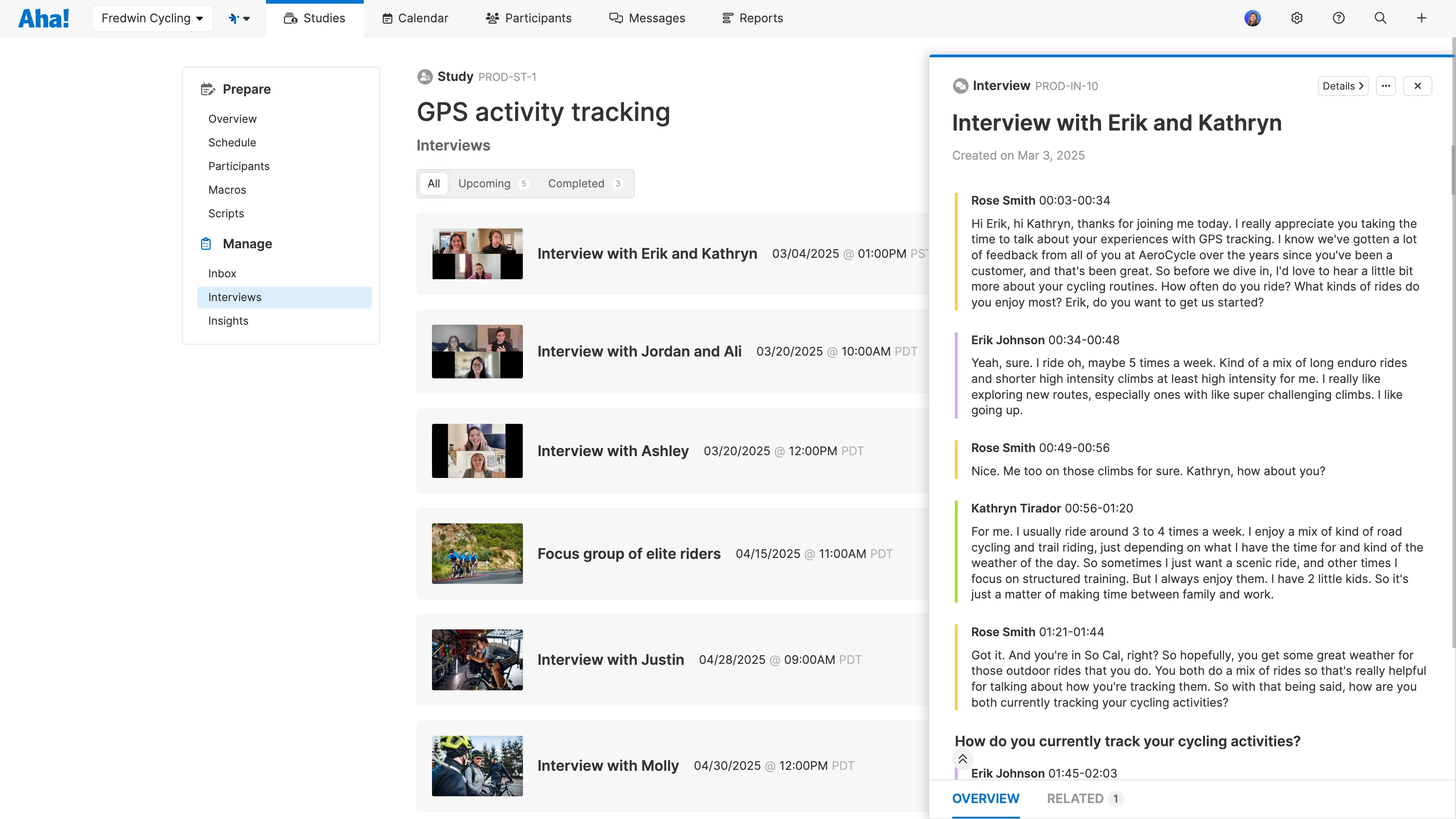 Multiple interviews in a study with transcript drawer open in Aha! Discovery