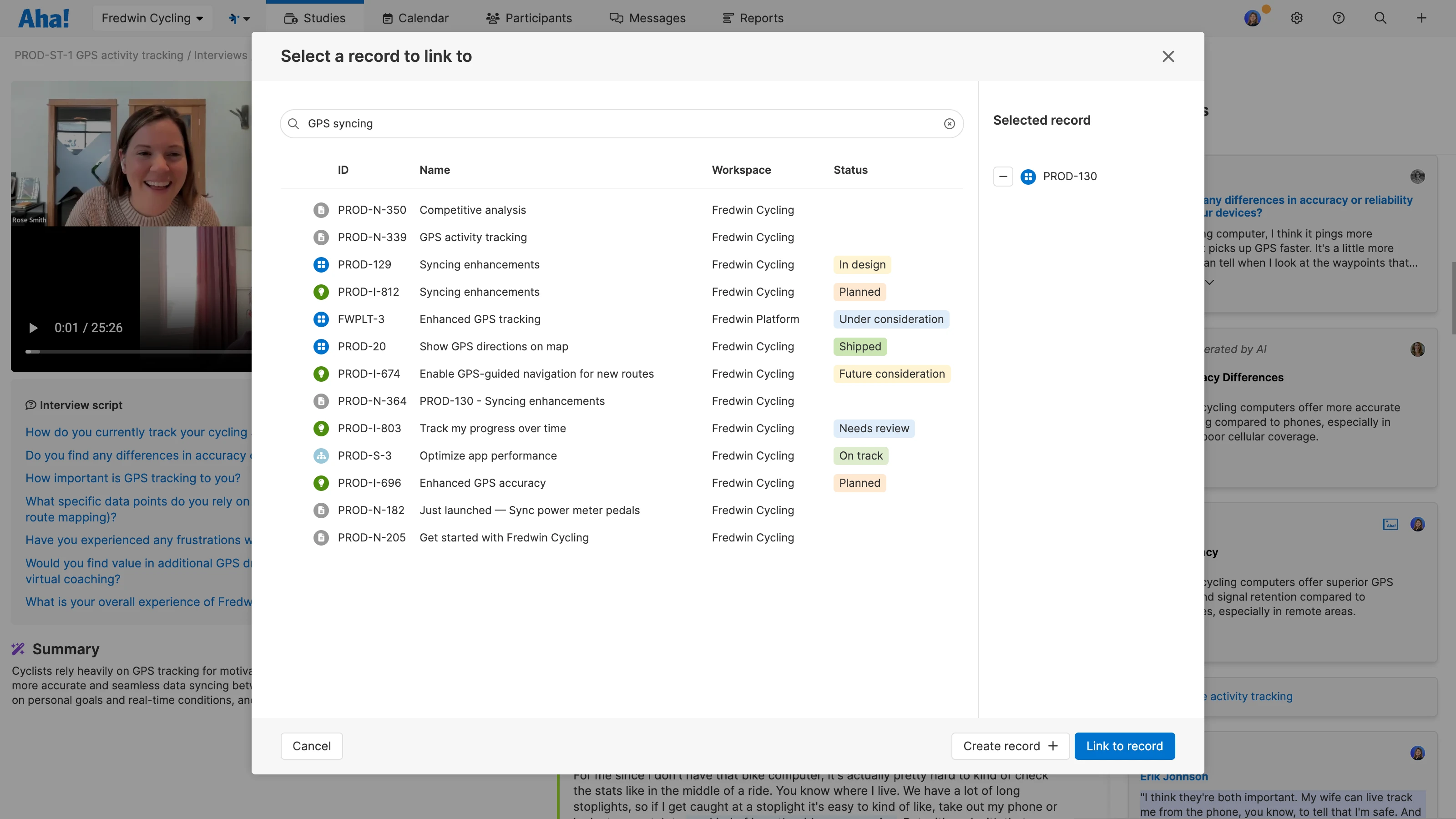 Linking different Aha! Roadmaps record types in Aha! Discovery interview