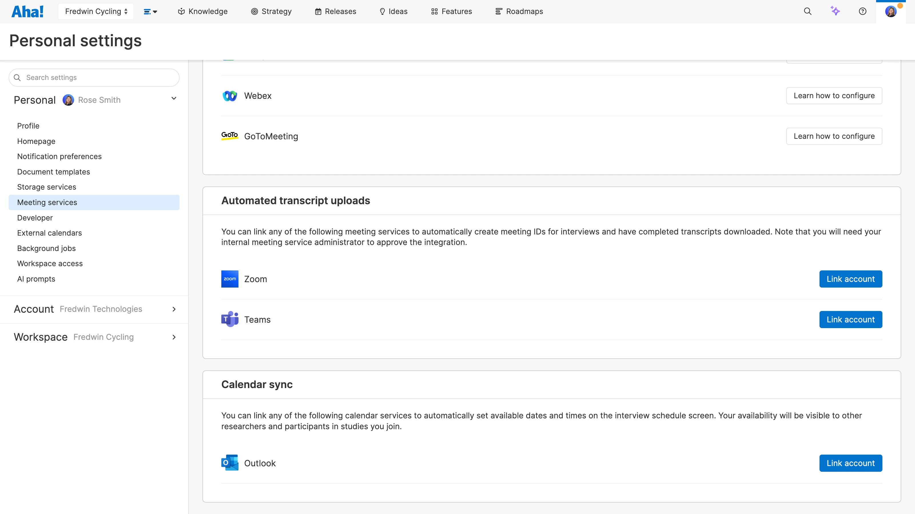 Aha! Discovery integration options with Zoom, Microsoft Teams, and Microsoft Outlook