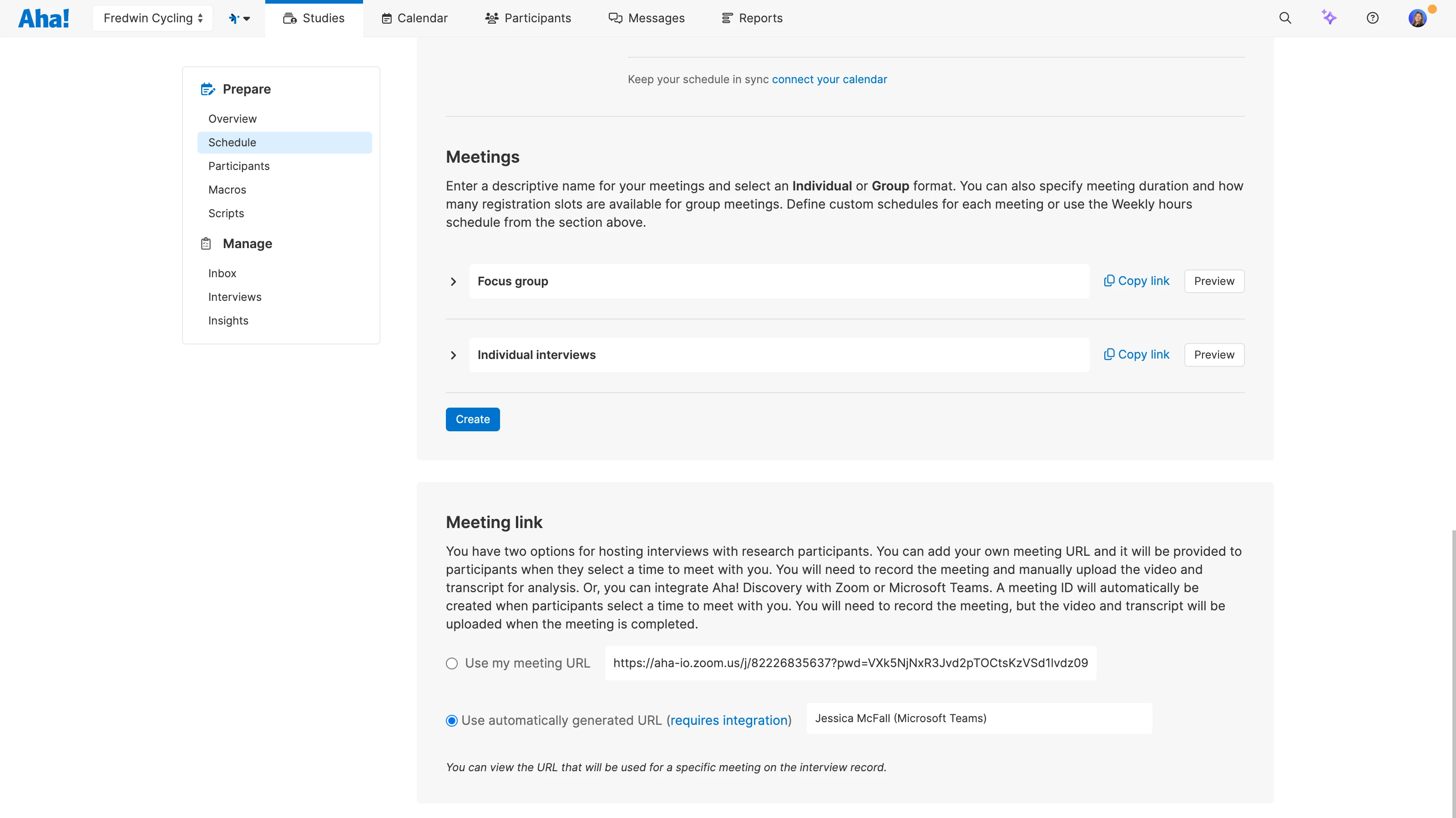 Aha! Discovery meeting link generation