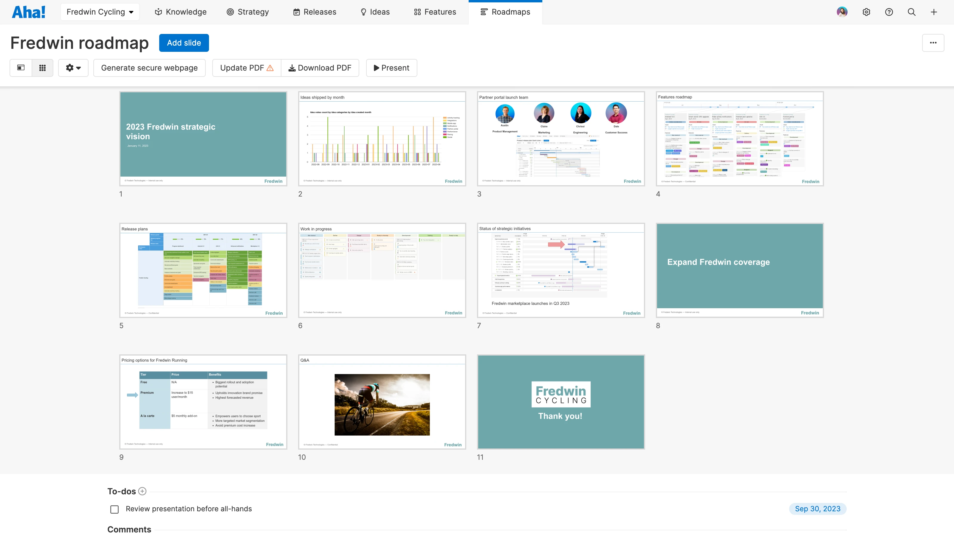 The presentations grid view in Aha! Roadmaps
