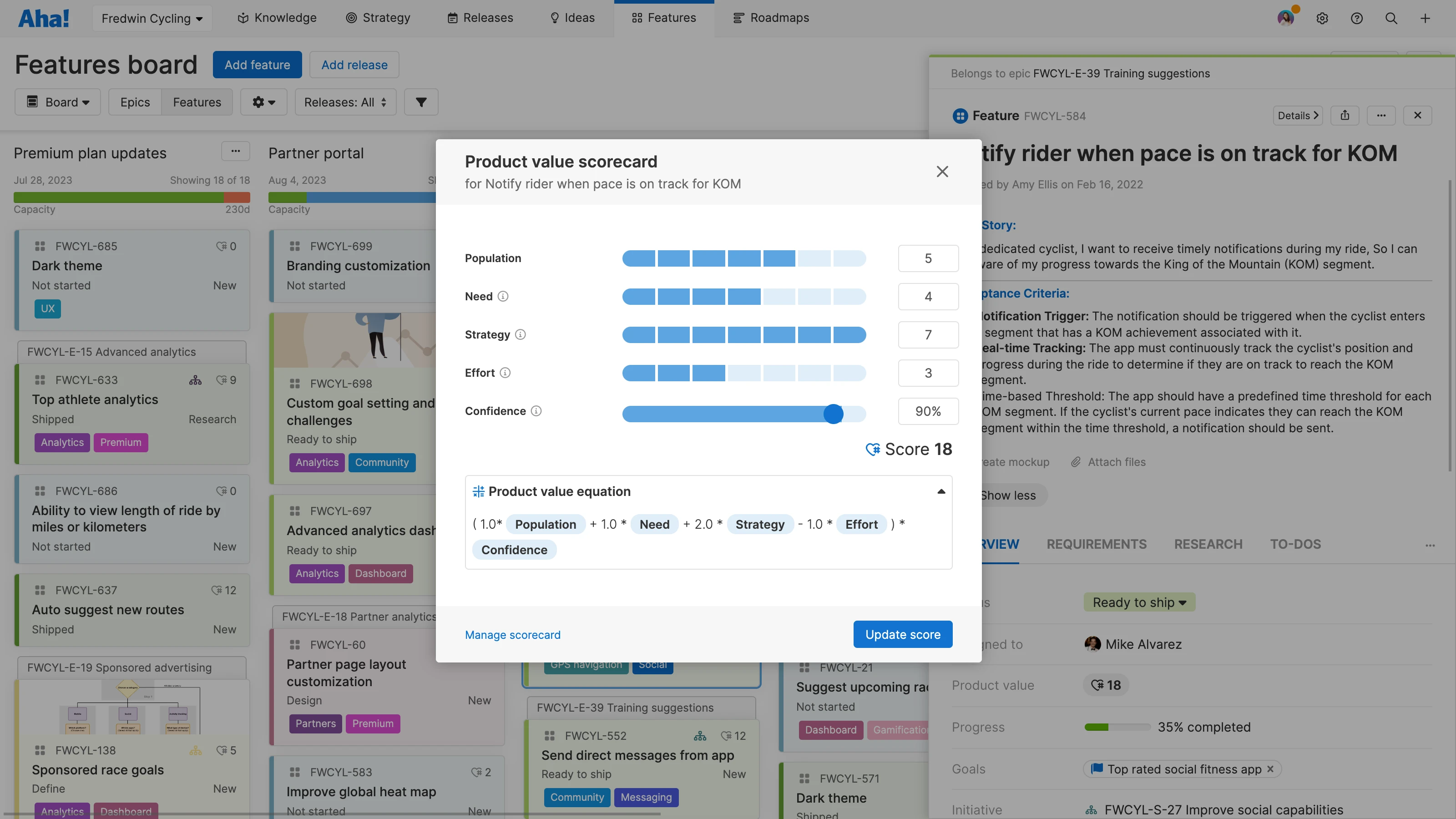 Score features based on value with the product value scorecard in Aha! Roadmaps