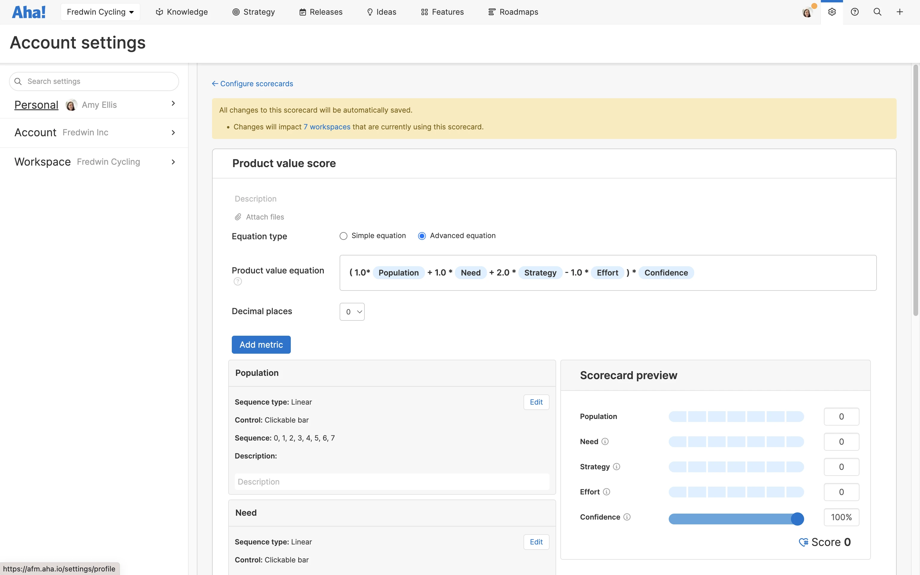 The settings area in Aha! software where users can determine an equation for product value scorecards