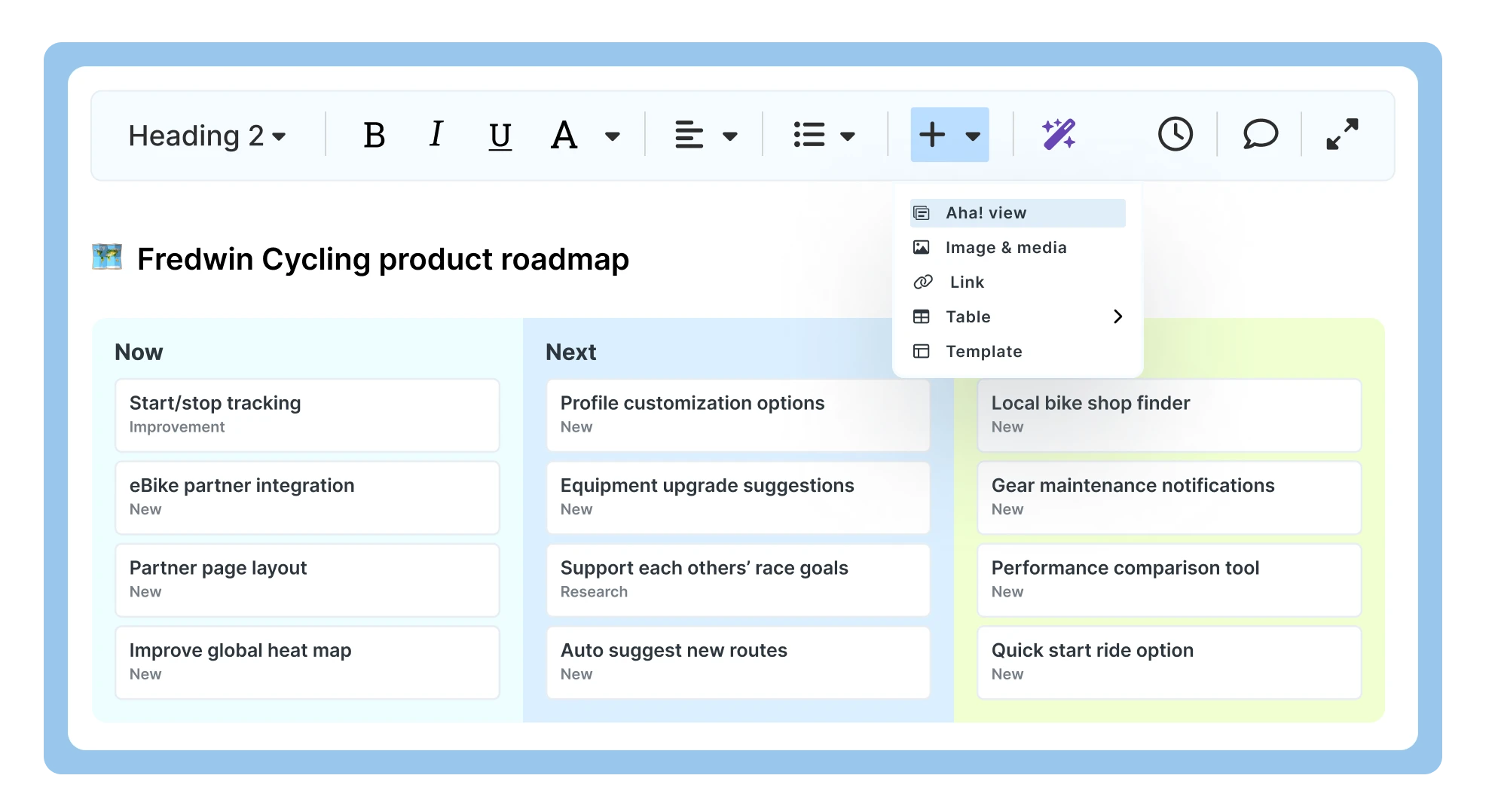 An image of a product roadmap that was created in Aha! Roadmaps and published in Aha! Knowledge