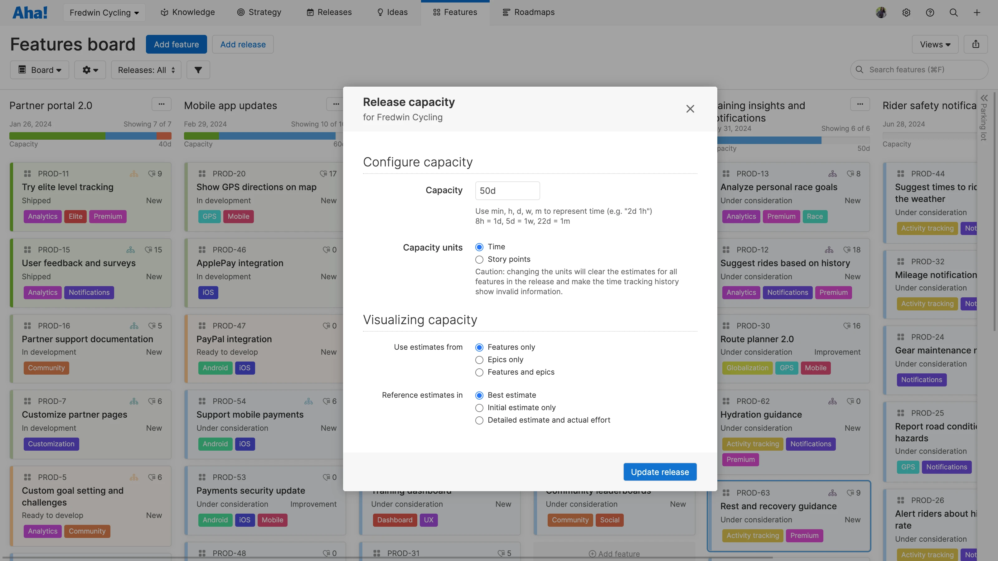 Release capacity in Aha! Roadmaps