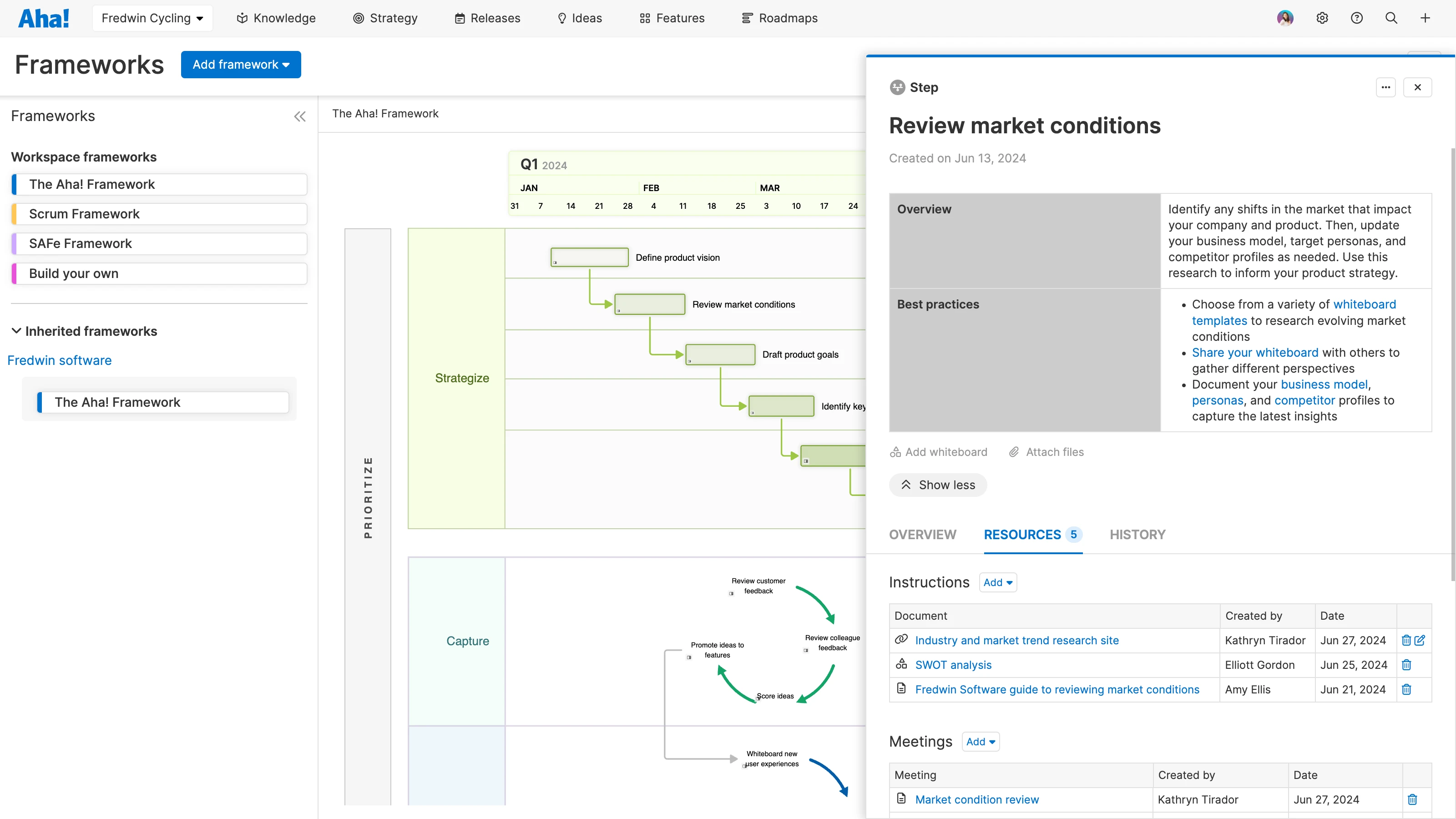 Review market conditions step with resources drawer in Aha! Framework