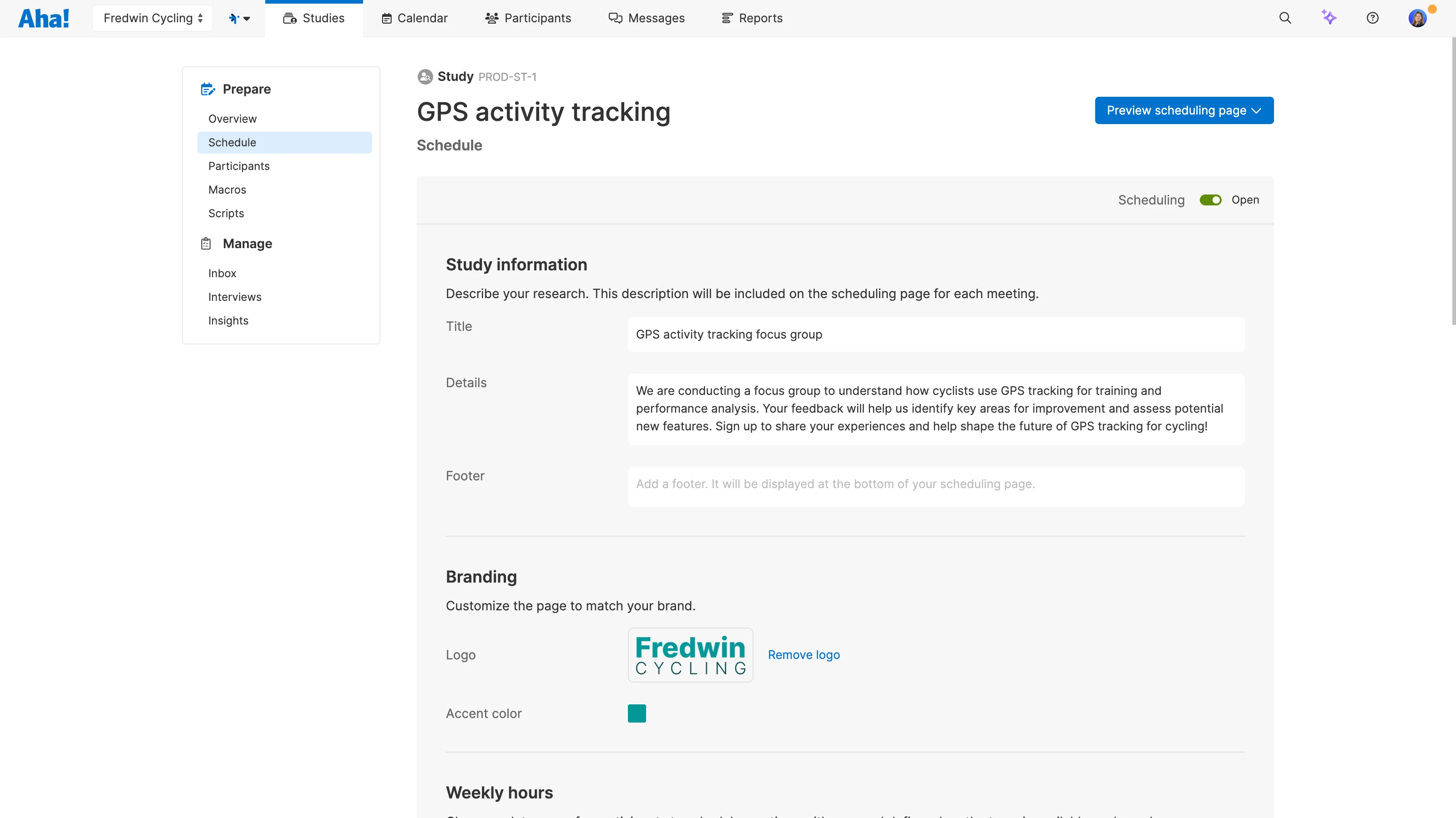 Aha! Discovery scheduling page custom branding options