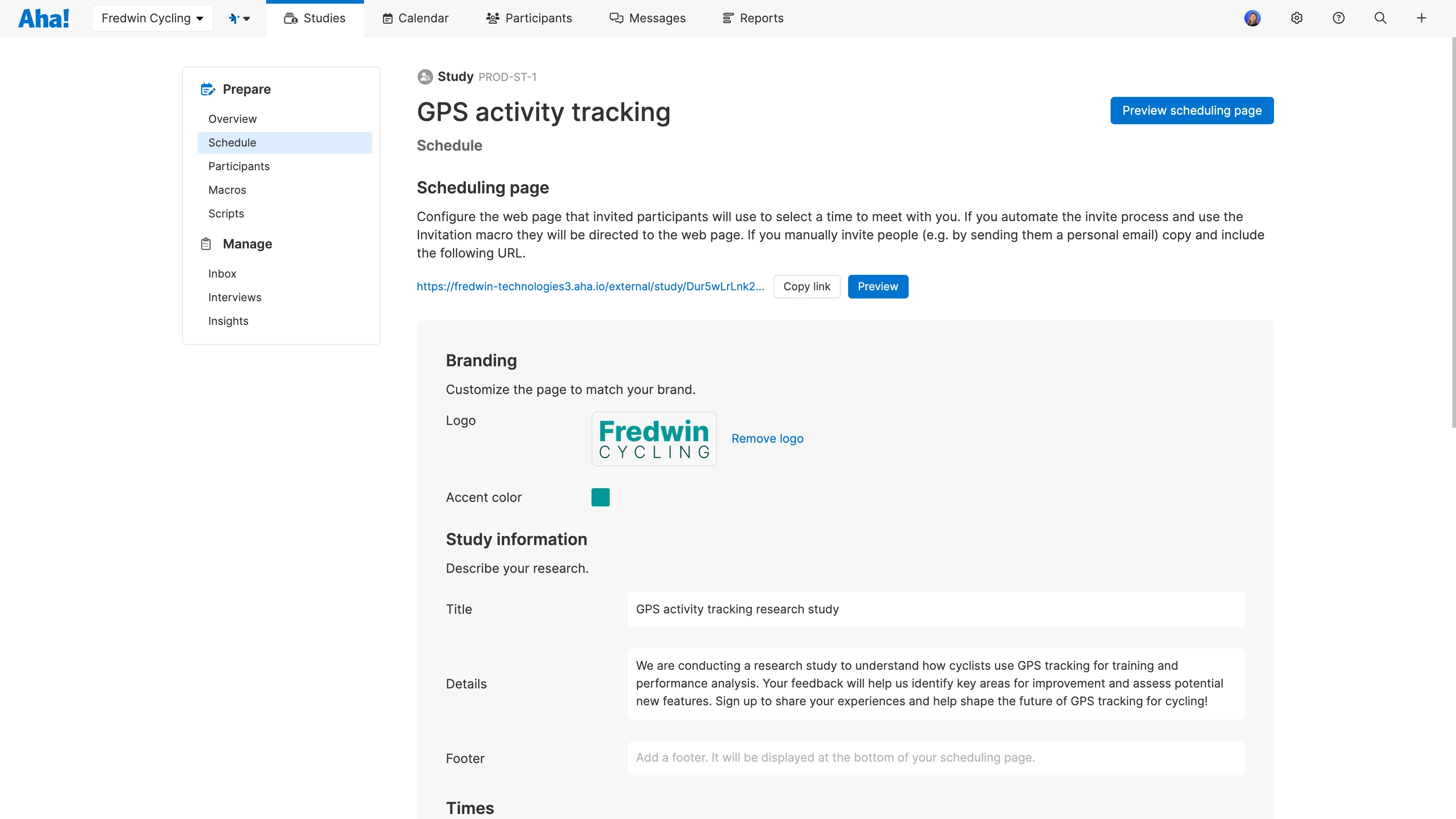 Scheduling page setup in Aha! Discovery study