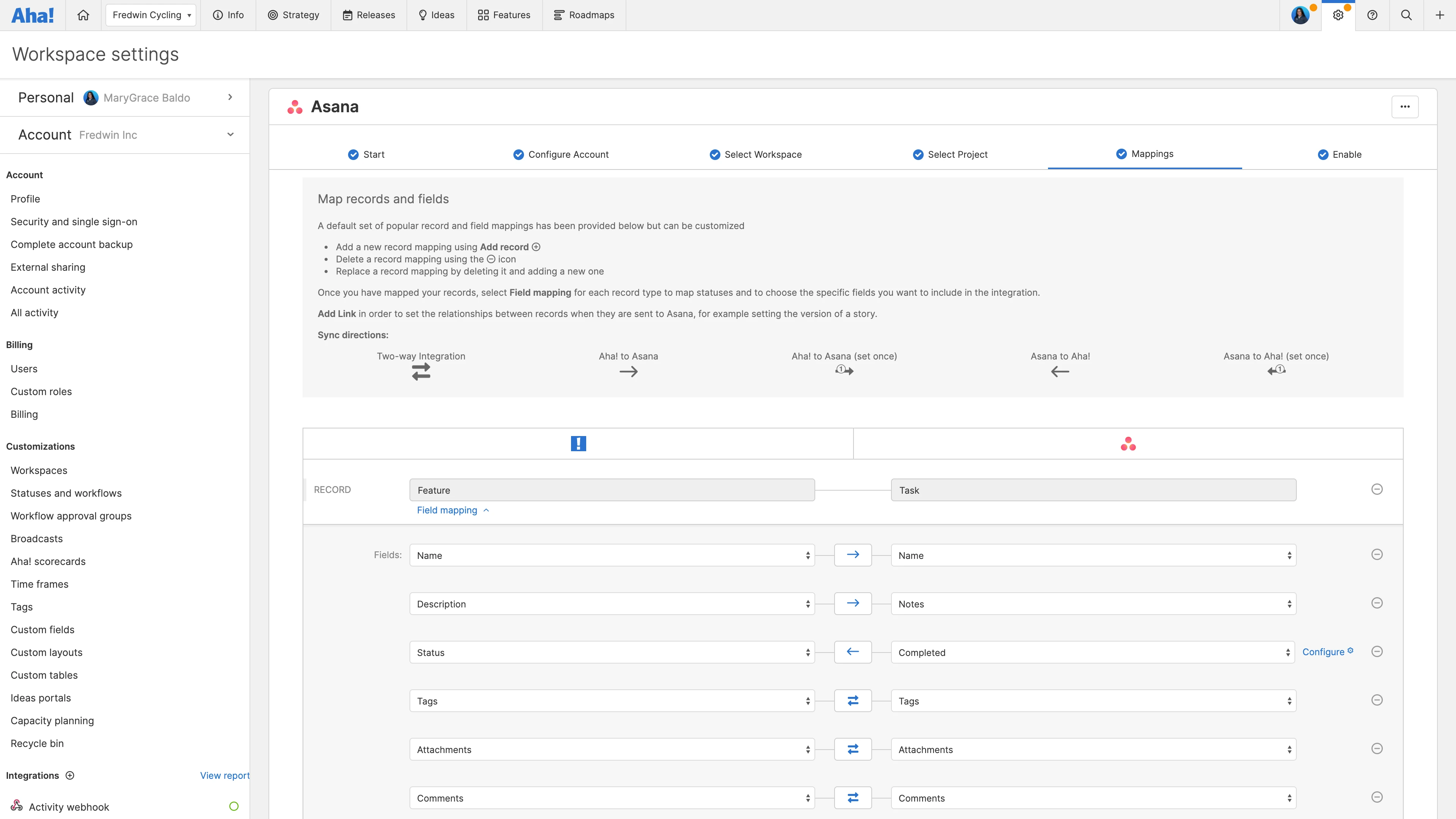 Customize your field mappings and set the direction of updates.