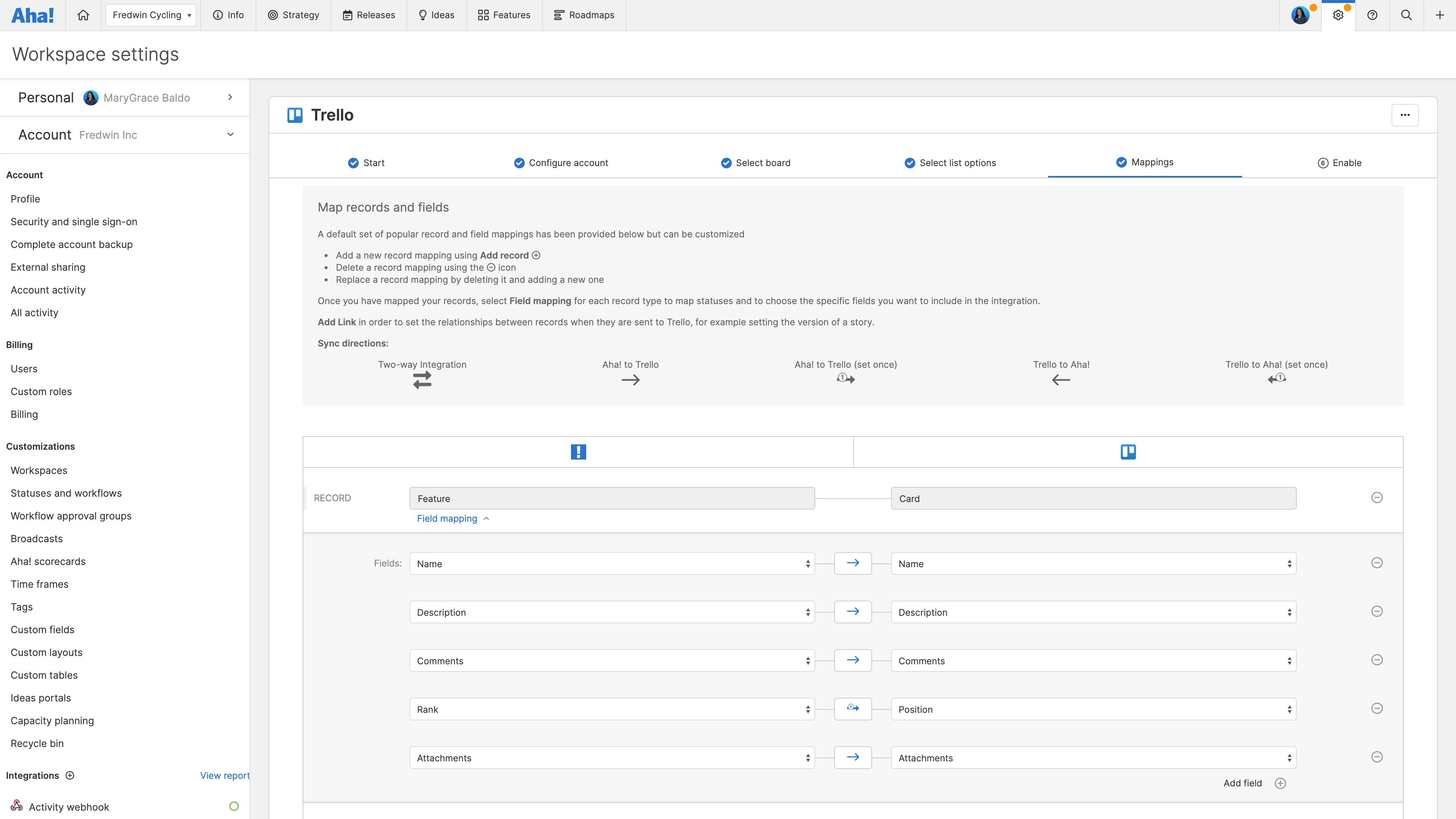 Customize your field mappings and set the direction of updates.