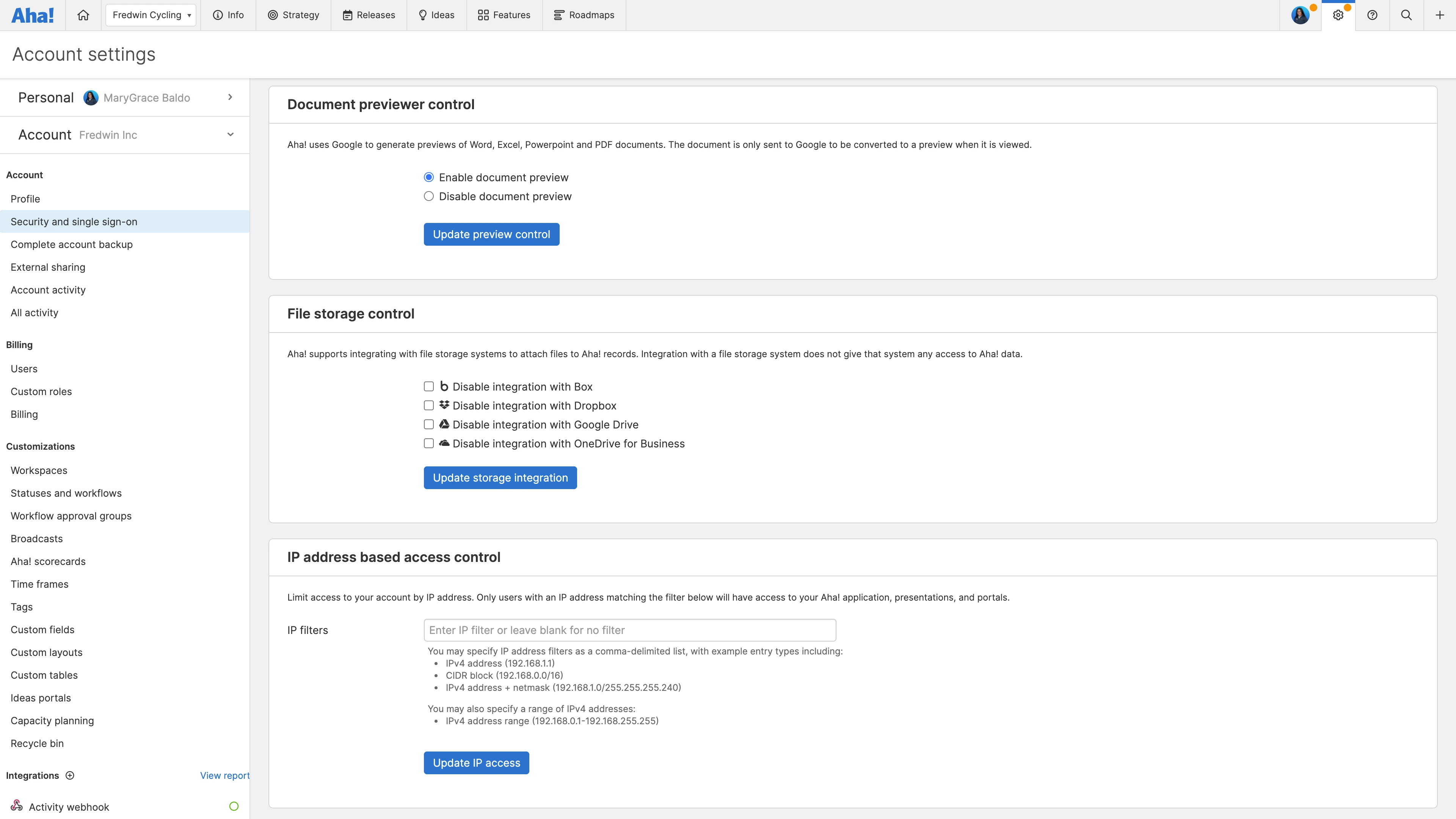The file storage integration is enabled by default, unless an Aha! administrator disables it in your account settings.