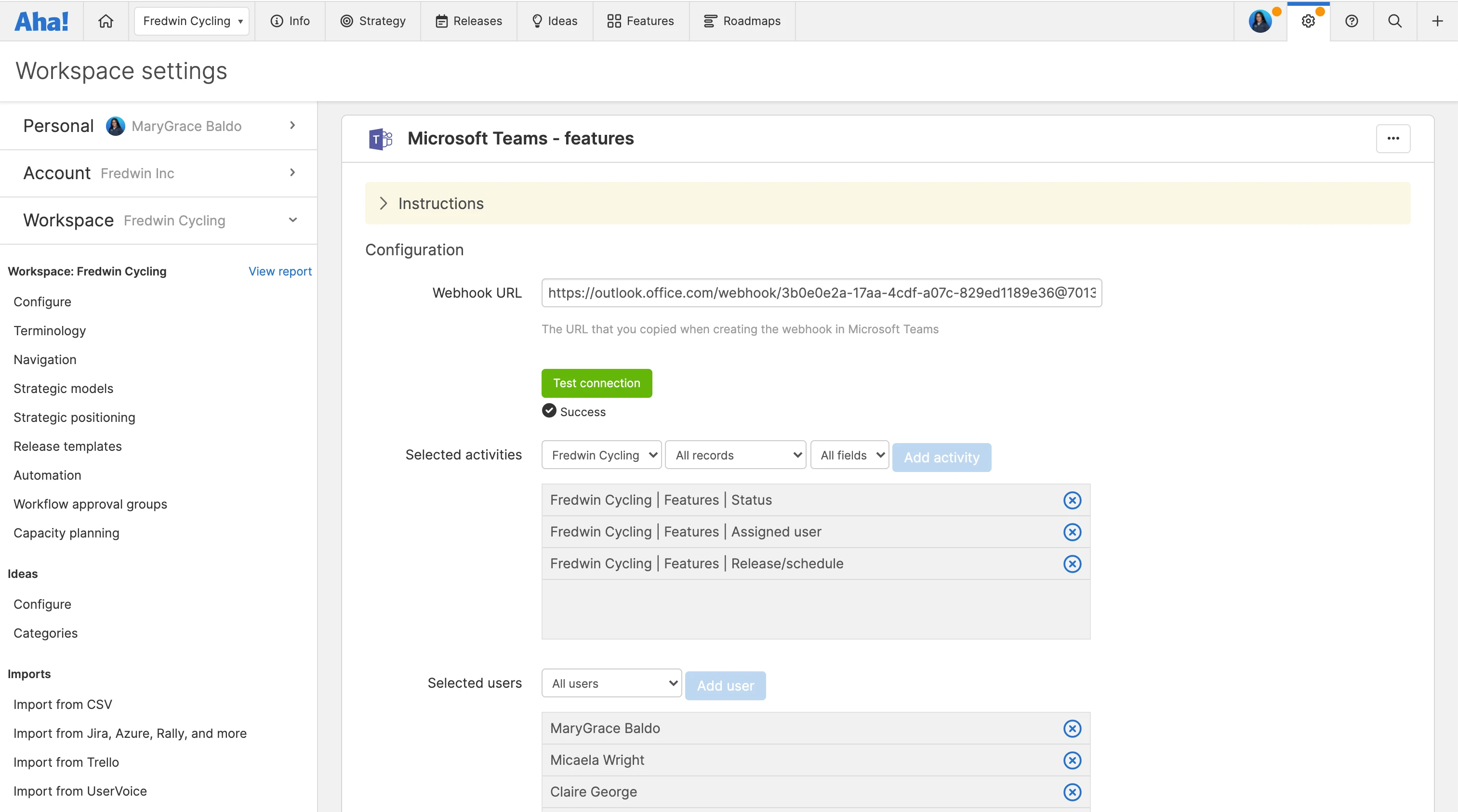 Microsoft Teams integration settings