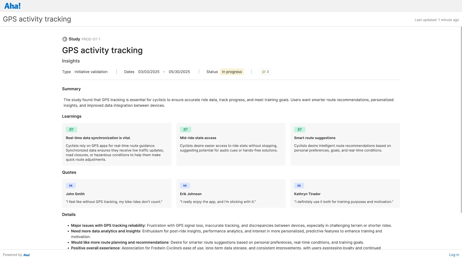 An insights report in Aha! Discovery that shares overarching takeaways and learnings