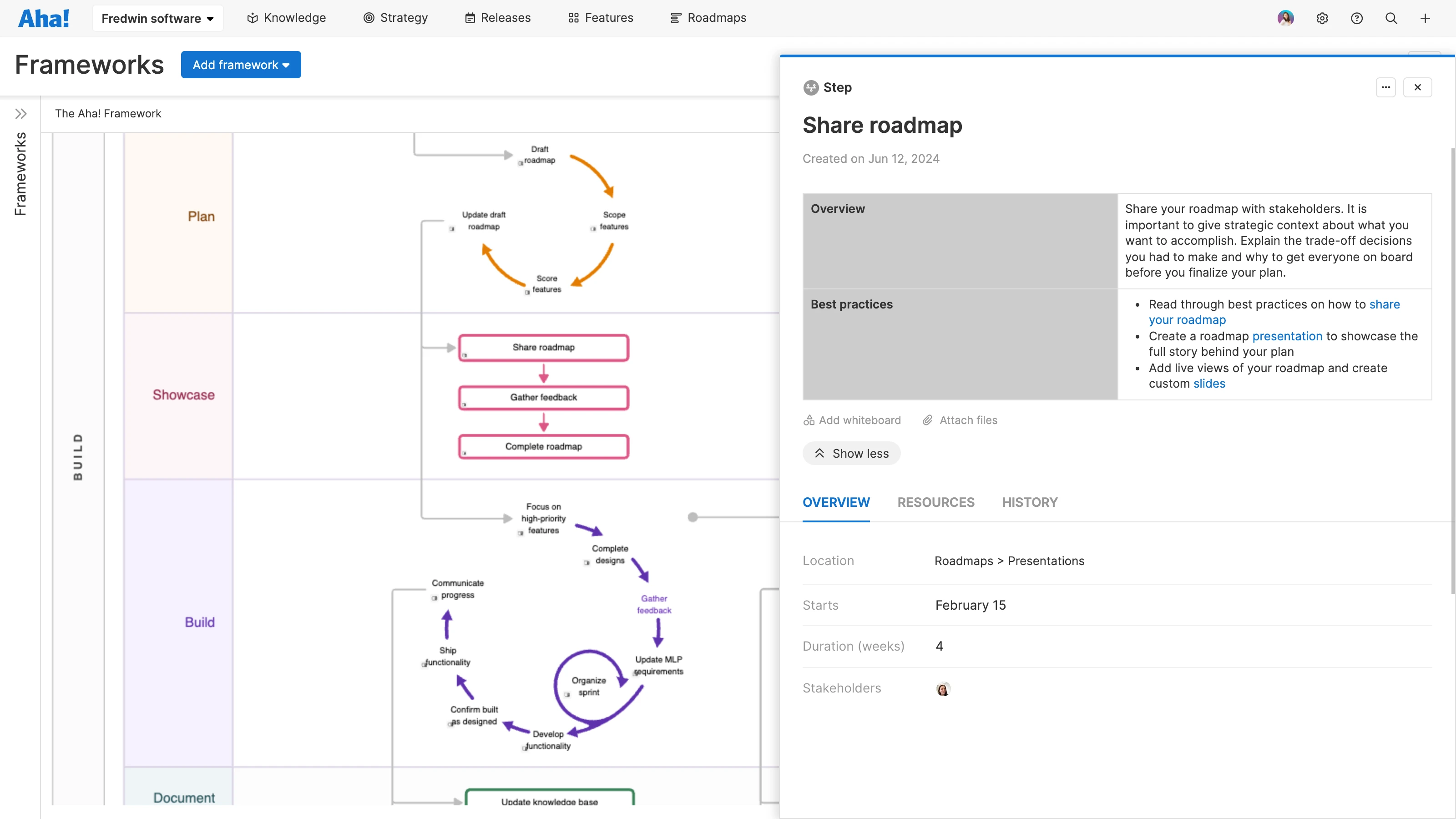 Share roadmap step drawer details in the Aha! Framework