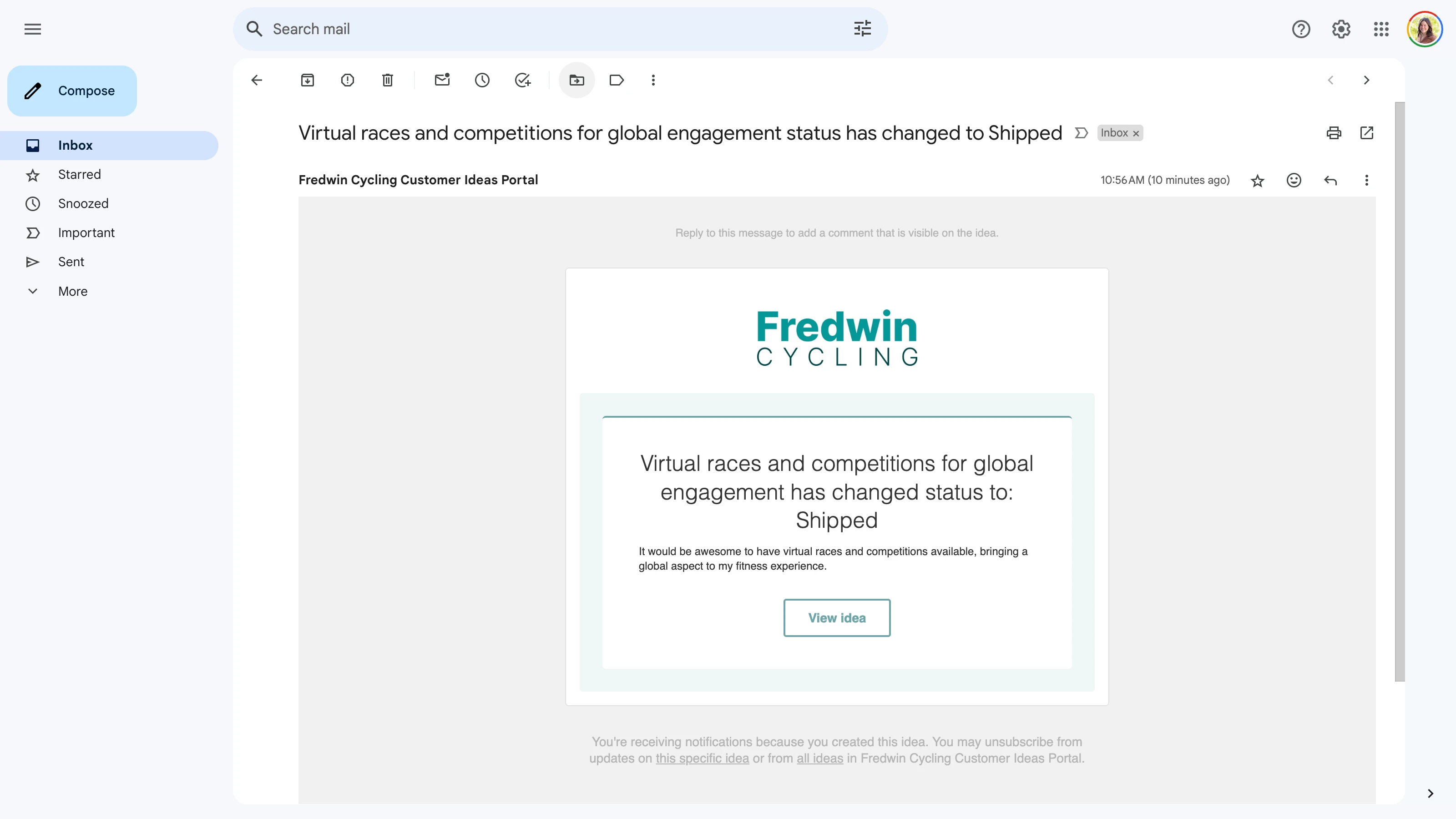 Portal email notifications that your idea has shipped
