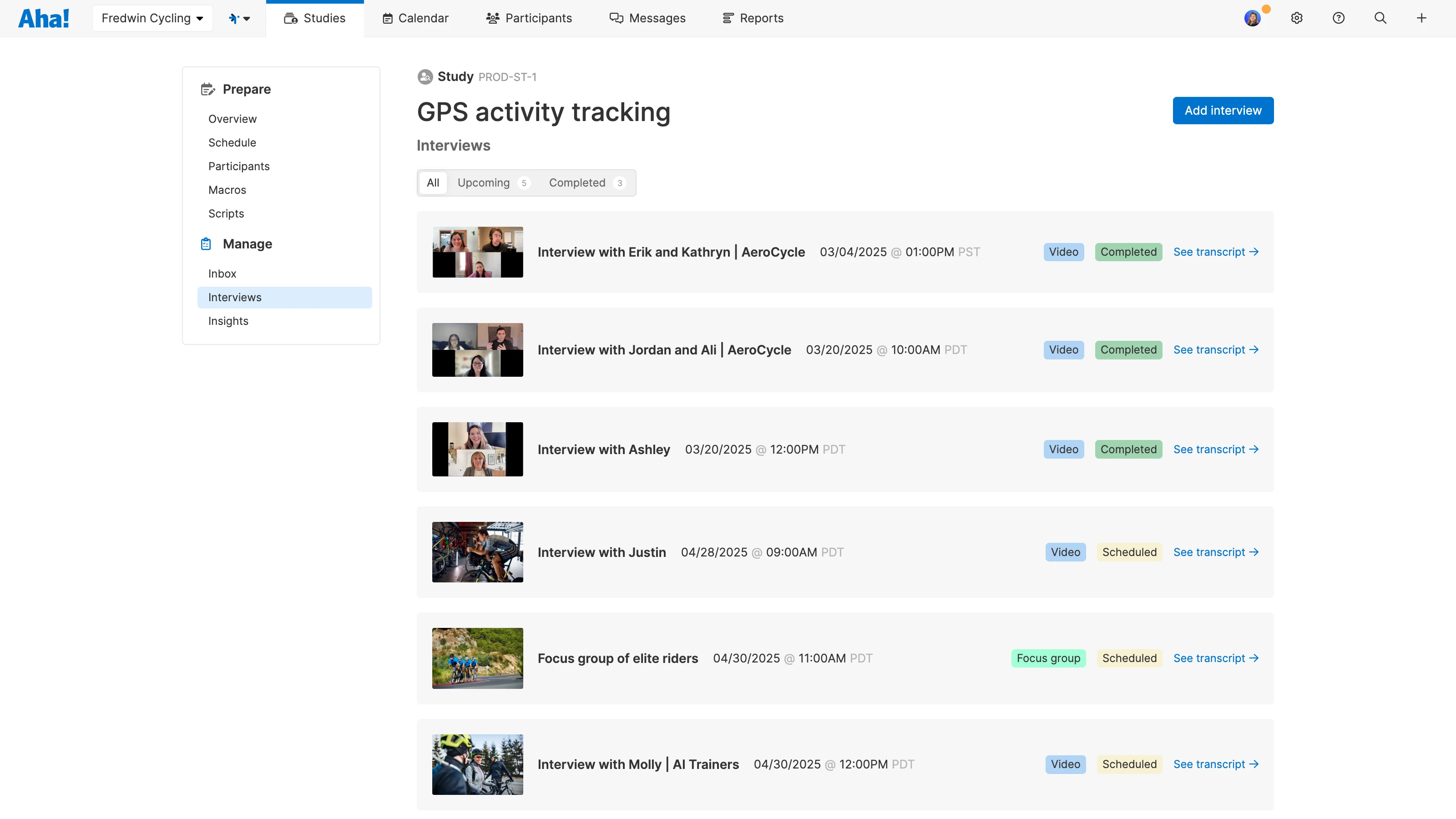 Multiple transcripts from interviews connected to a study in Aha! Discovery