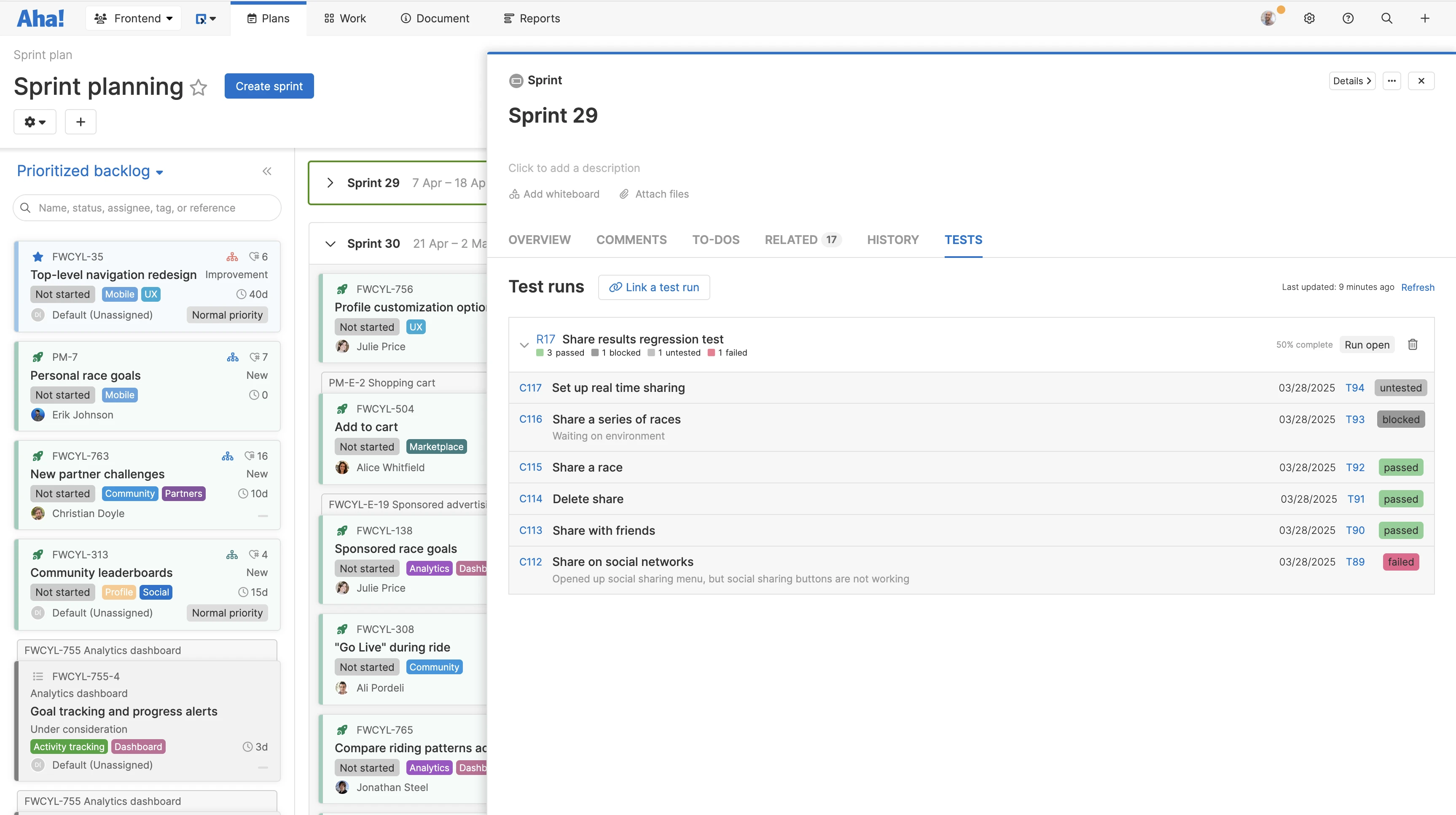 Review TestRail test run results for sprints in Aha! Develop