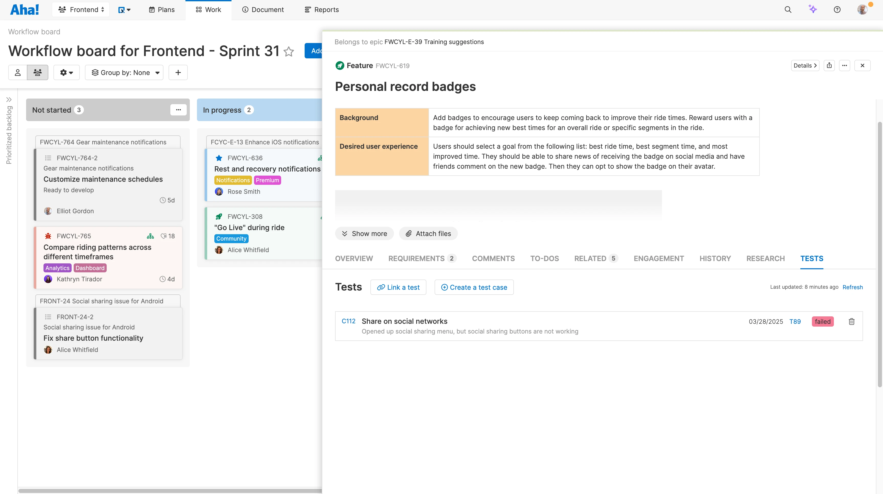 Track TestRail test status in Aha! Develop