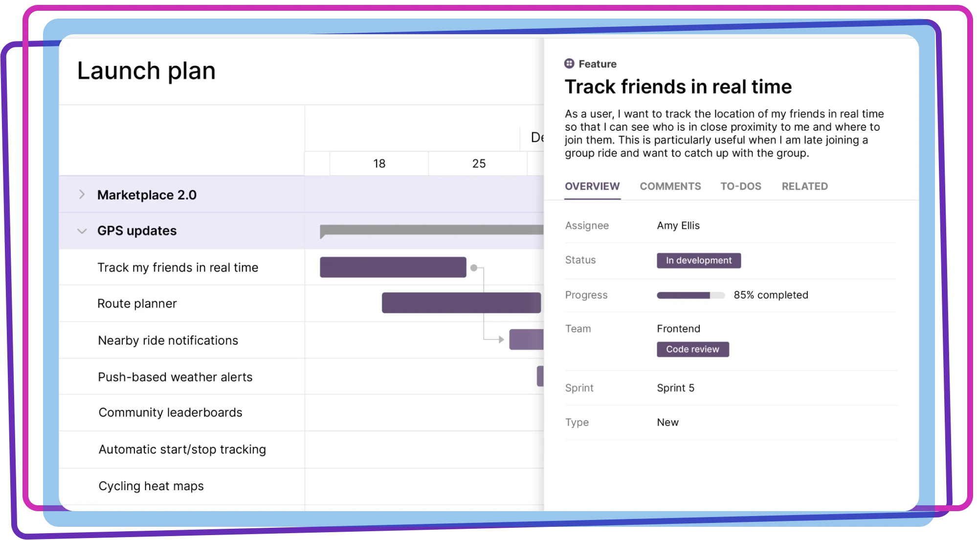 An image of a roadmap in Aha! roadmap software that connects seamlessly to Aha! agile development software